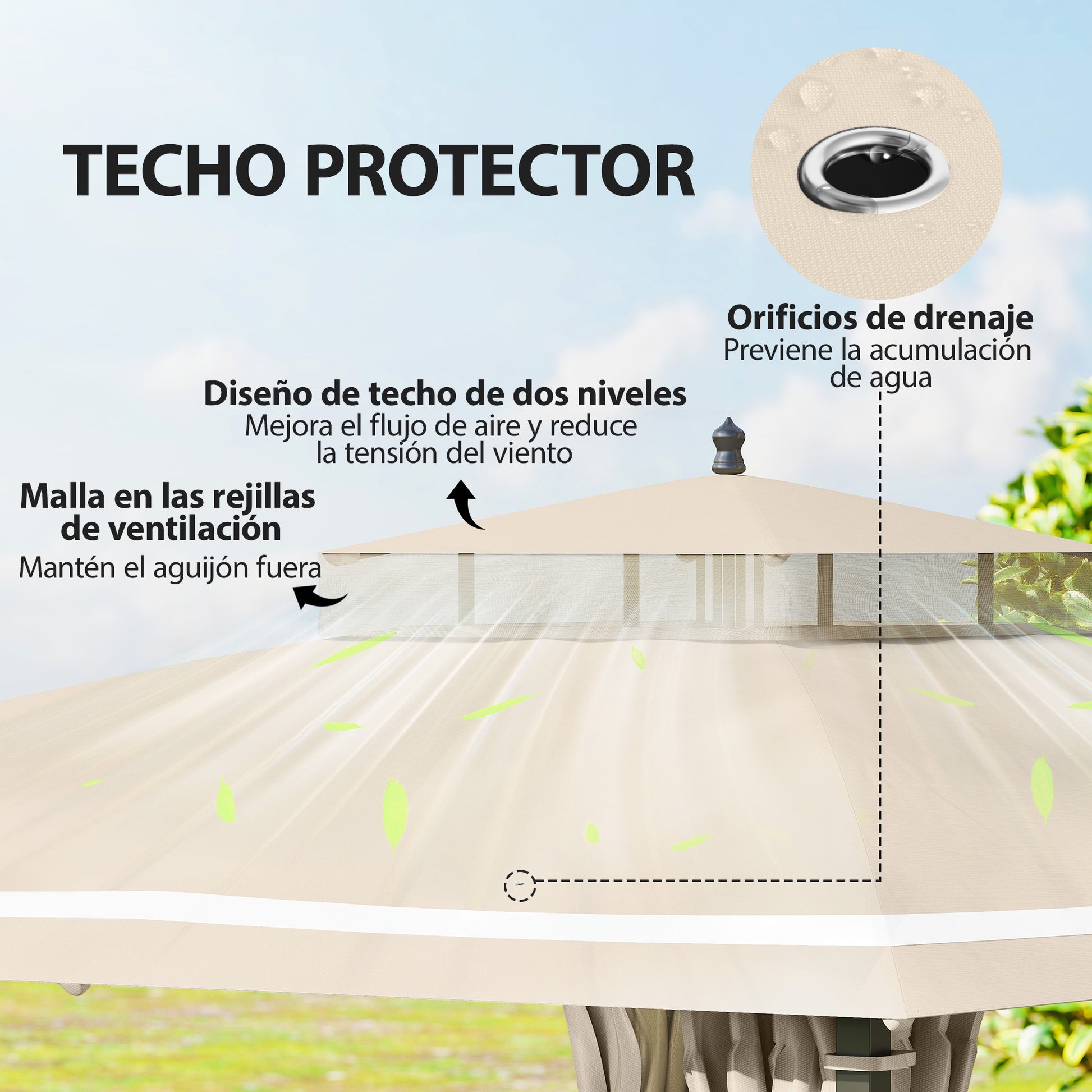 Outsunny Cenador para Jardín 3x3,7 m, Pabellón de Jardín Gazebo con Doble Techo, Paredes Laterales, Mosquiteras, Marco de Metal, Resistente al Agua, Anti-UV, Carpa para Exterior, Terraza, Patio, Beige