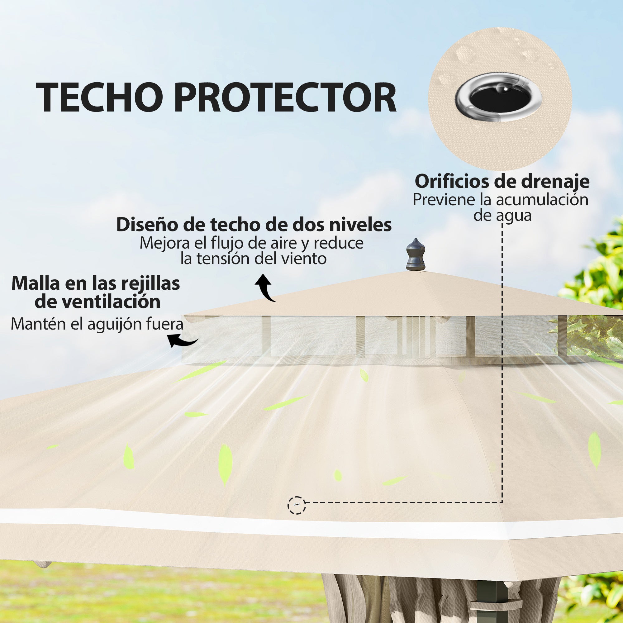 Outsunny Cenador para Jardín 3x3,7 m, Pabellón de Jardín Gazebo con Doble Techo, Paredes Laterales, Mosquiteras, Marco de Metal, Resistente al Agua, Anti-UV, Carpa para Exterior, Terraza, Patio, Beige