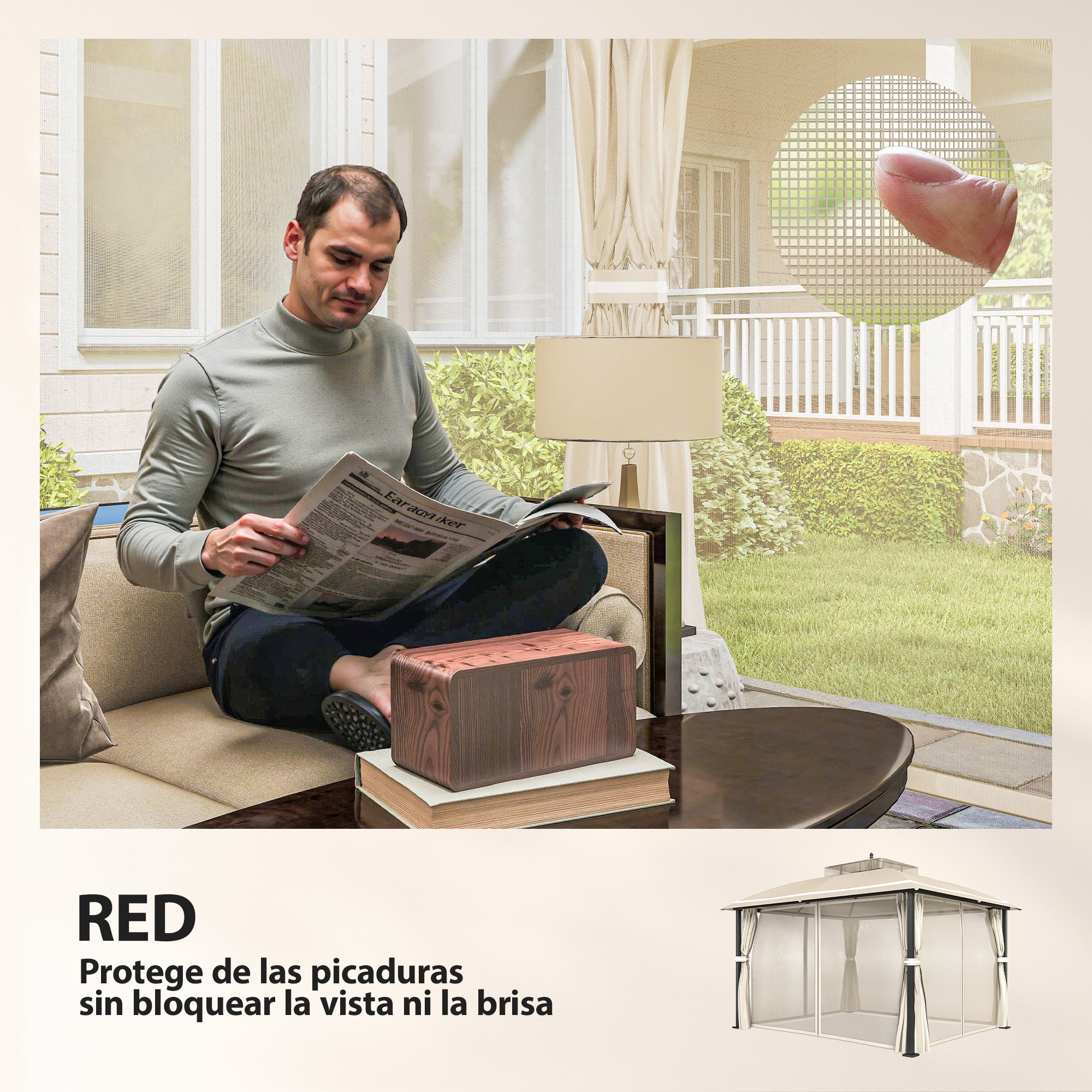 Outsunny Cenador para Jardín 3x3,7 m, Pabellón de Jardín Gazebo con Doble Techo, Paredes Laterales, Mosquiteras, Marco de Metal, Resistente al Agua, Anti-UV, Carpa para Exterior, Terraza, Patio, Beige