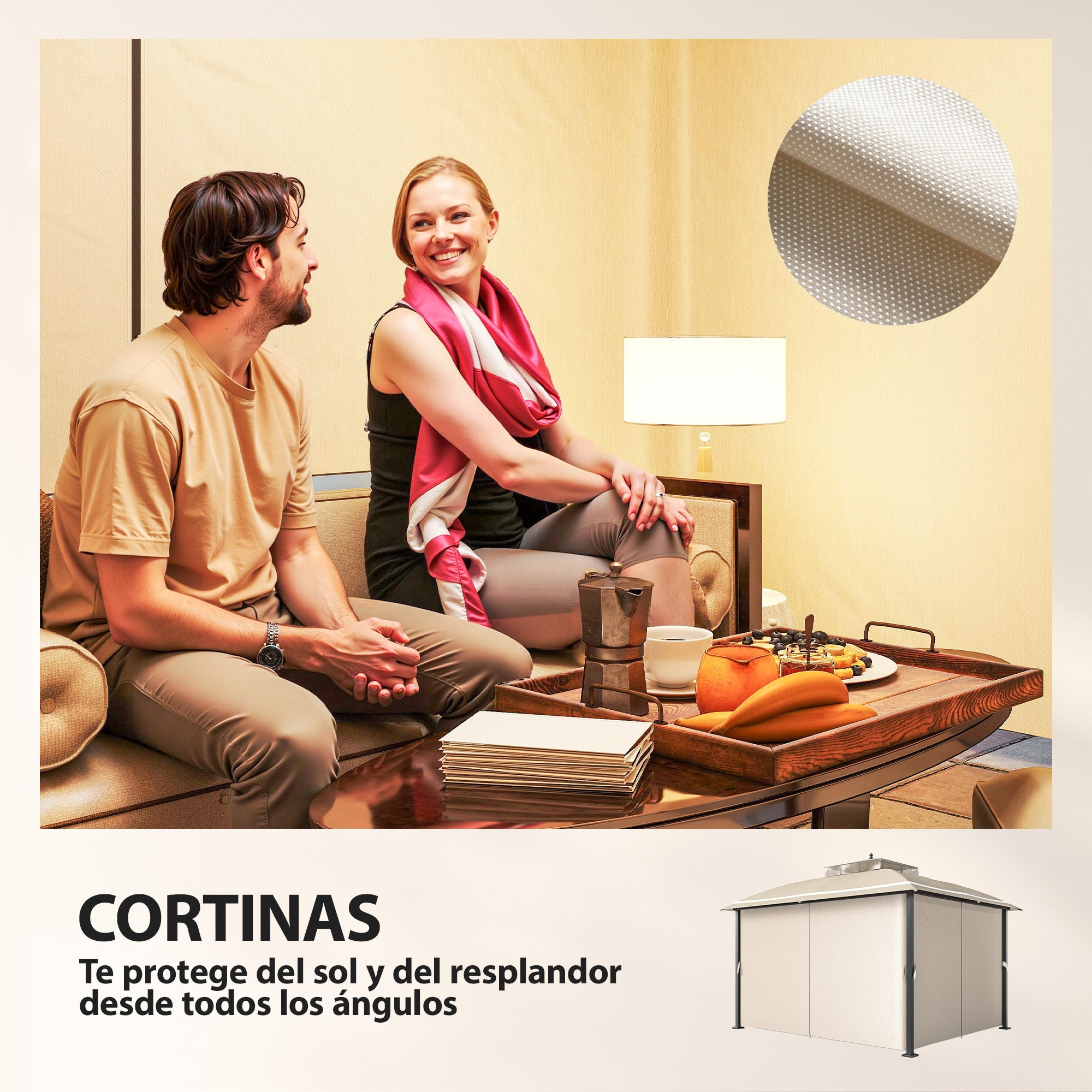 Outsunny Cenador para Jardín 3x3,7 m, Pabellón de Jardín Gazebo con Doble Techo, Paredes Laterales, Mosquiteras, Marco de Metal, Resistente al Agua, Anti-UV, Carpa para Exterior, Terraza, Patio, Beige
