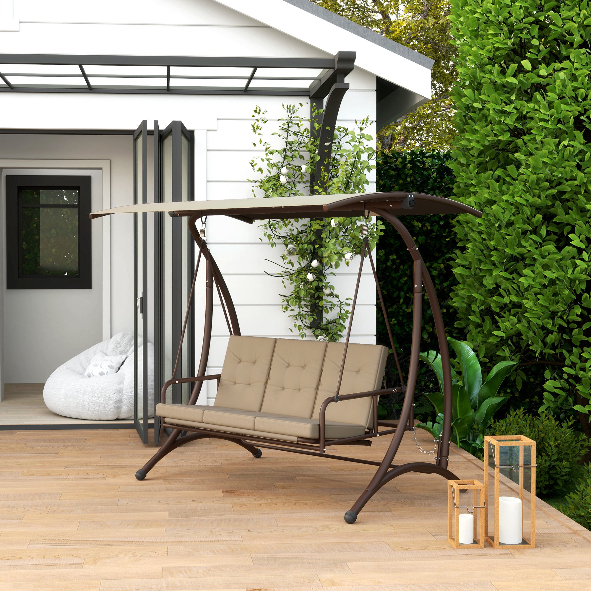 Outsunny Columpio de Jardín Exterior de 3 Plazas Balancín de Jardín Exterior Convertible en Cama con Toldo Ajustable Protección UPF30+ y Cojines Carga 330 kg 200x120x175 cm Caqui