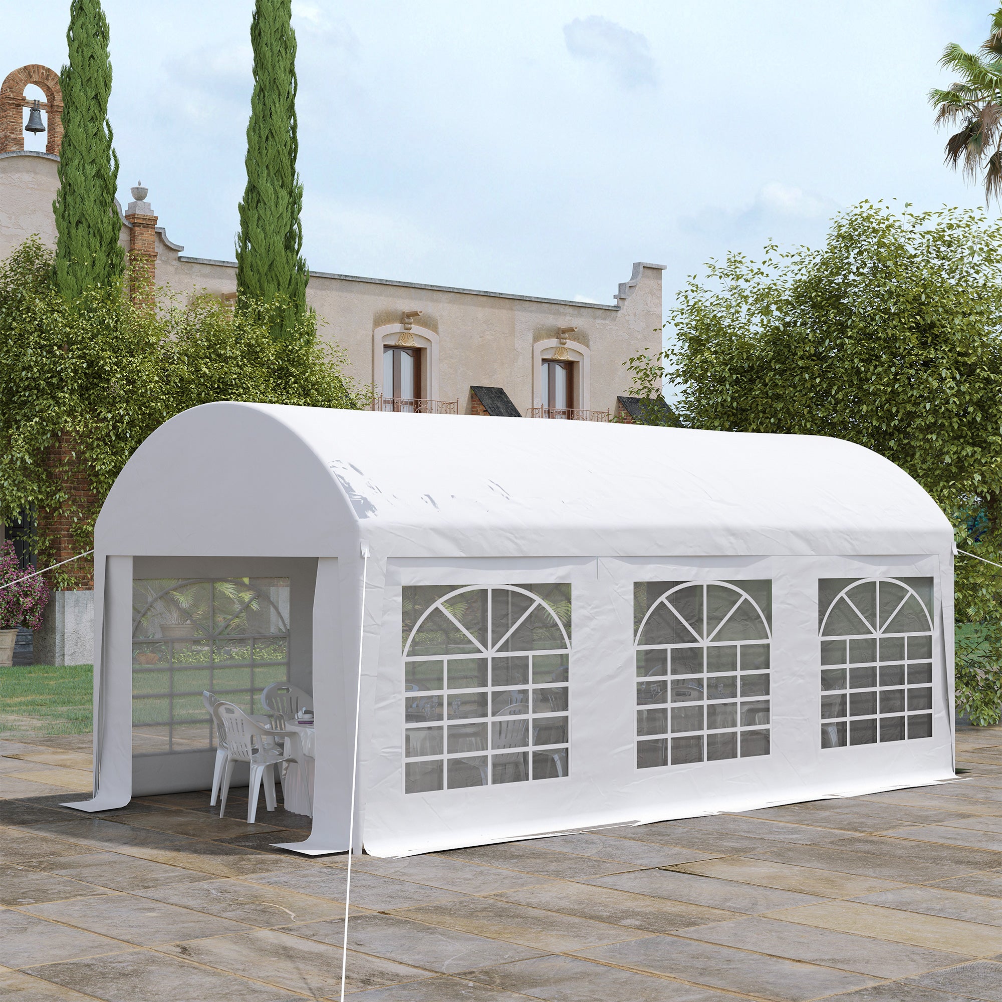 Outsunny Carpa para Fiestas 6x3 m Carpa de Jardín Cenador con Paredes Laterales Extraíbles Puerta con Cremalleras y 6 Ventanas Protección UV Pabellón para Exterior Eventos Bodas Blanco