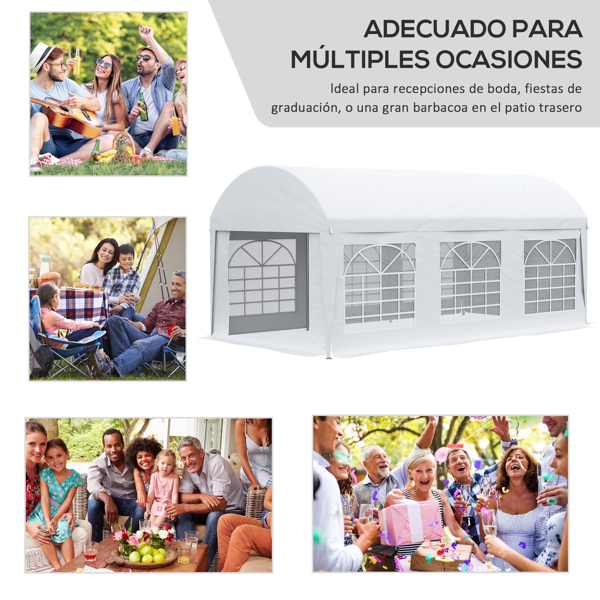 Outsunny Carpa para Fiestas 6x3 m Carpa de Jardín Cenador con Paredes Laterales Extraíbles Puerta con Cremalleras y 6 Ventanas Protección UV Pabellón para Exterior Eventos Bodas Blanco