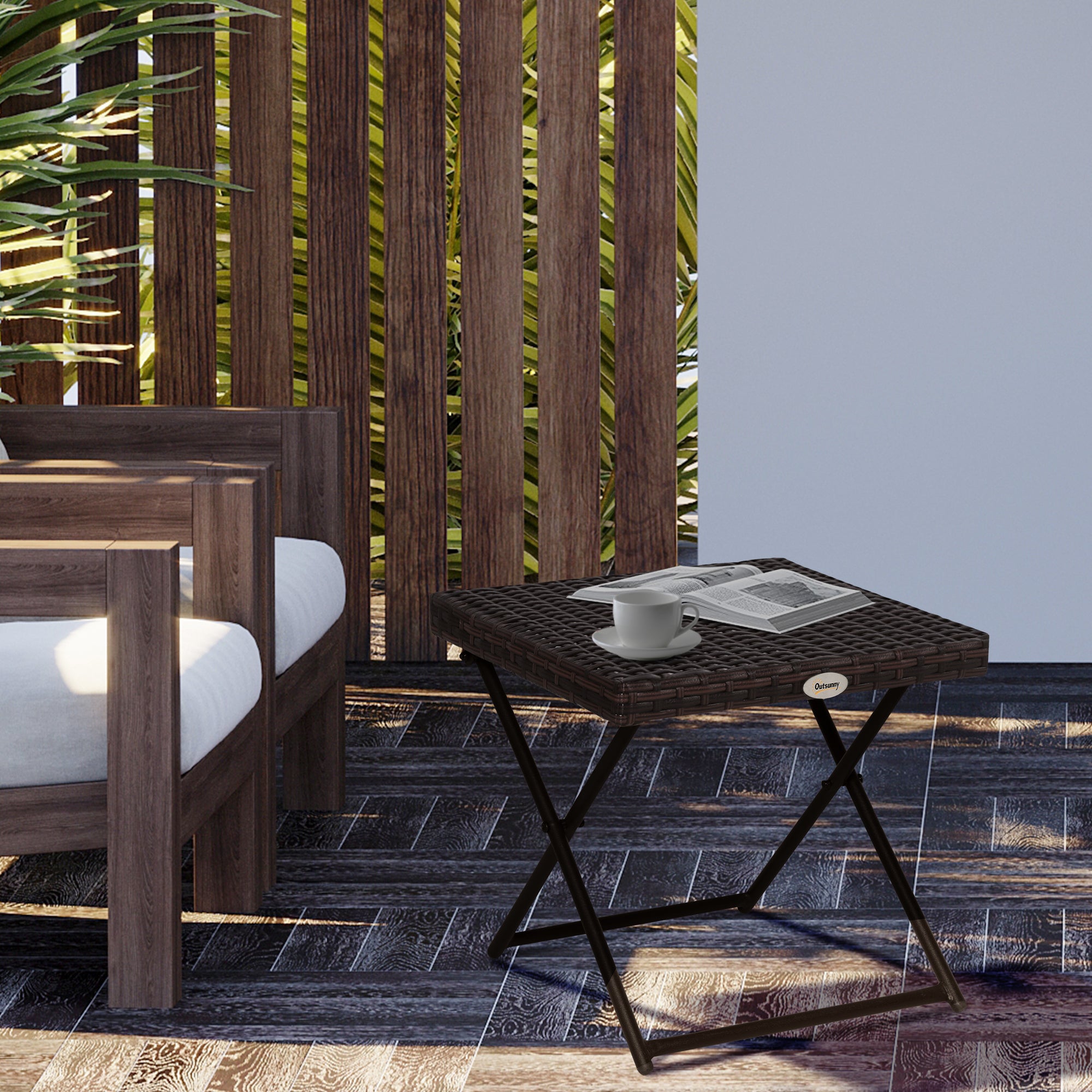 Outsunny Mesa de Jardín de Ratán Sintético 0,16 ㎡ Mesa de Terraza Exterior Plegable con Patas Cruzadas y Marco de Acero para Patio Balcón Marrón