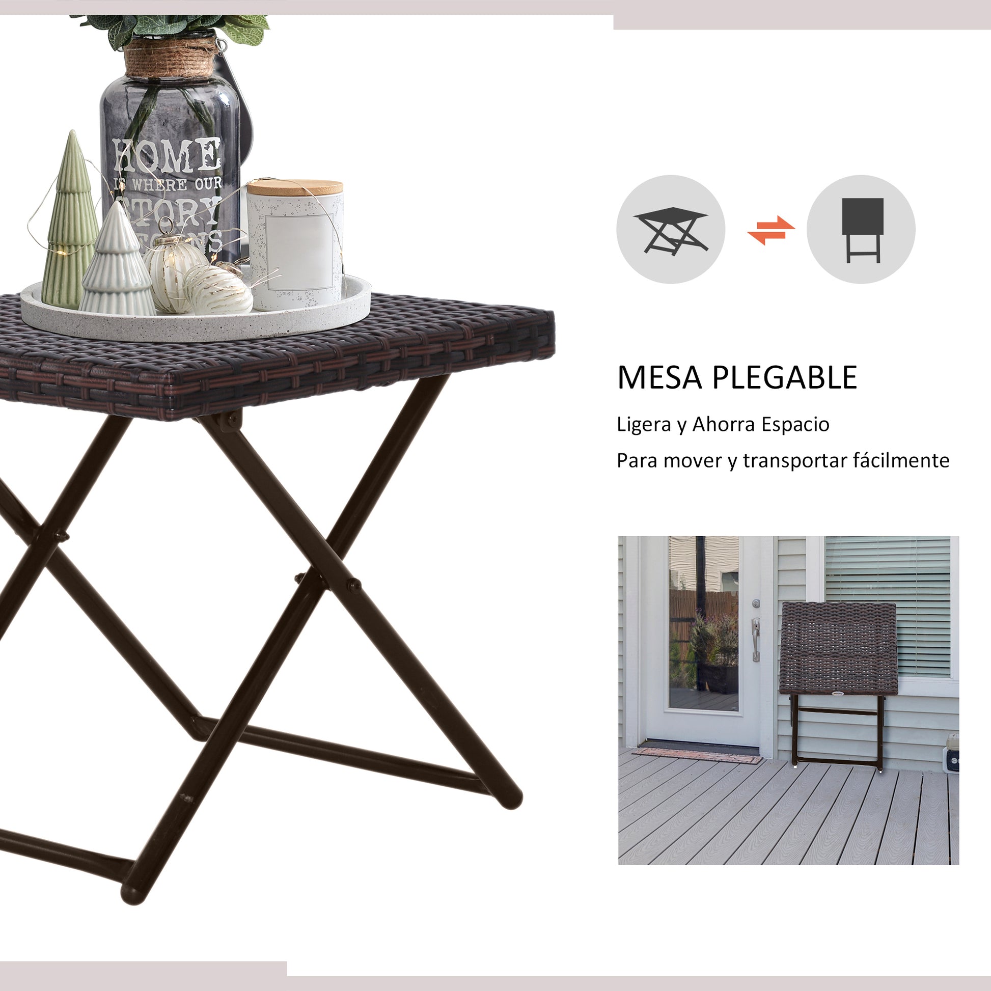 Outsunny Mesa de Jardín de Ratán Sintético 0,16 ㎡ Mesa de Terraza Exterior Plegable con Patas Cruzadas y Marco de Acero para Patio Balcón Marrón