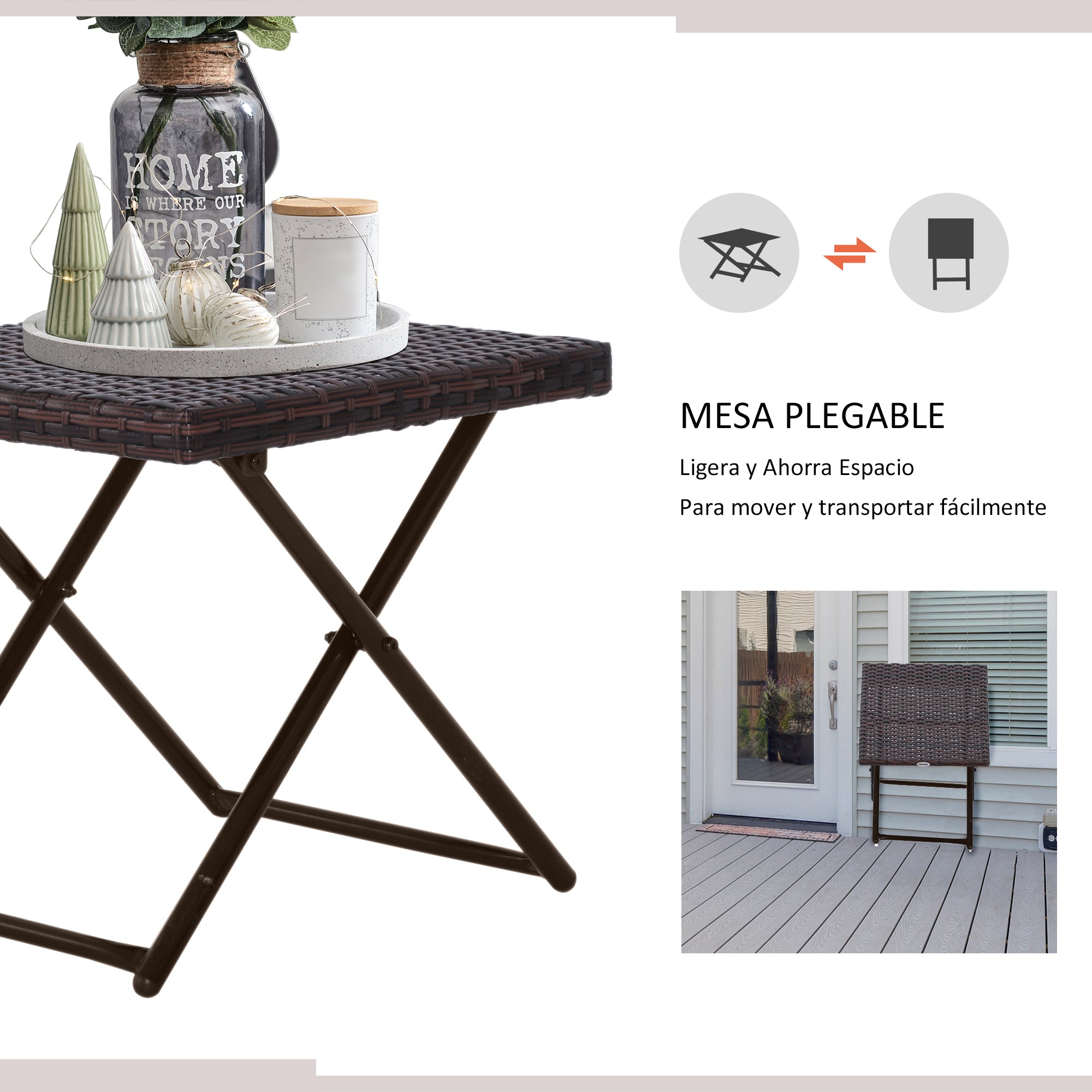 Outsunny Mesa de Jardín de Ratán Sintético 0,16 ㎡ Mesa de Terraza Exterior Plegable con Patas Cruzadas y Marco de Acero para Patio Balcón Marrón