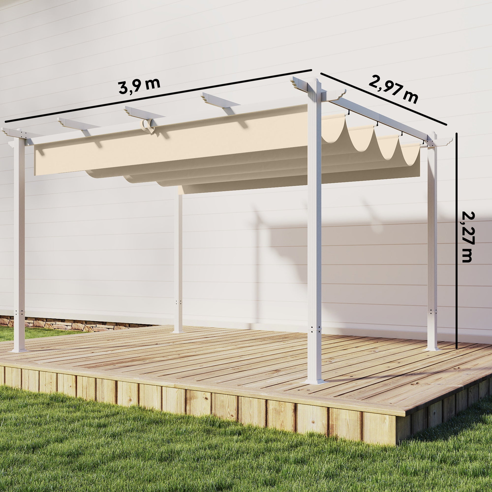 Outsunny Pérgola de Jardín 4x3 m con Techo Retráctil, Cenador de Jardín con Protección UPF30+, Orificios de Drenaje, Estructura Metálica, Pabellón para Patio, Terraza, Exterior, Beige