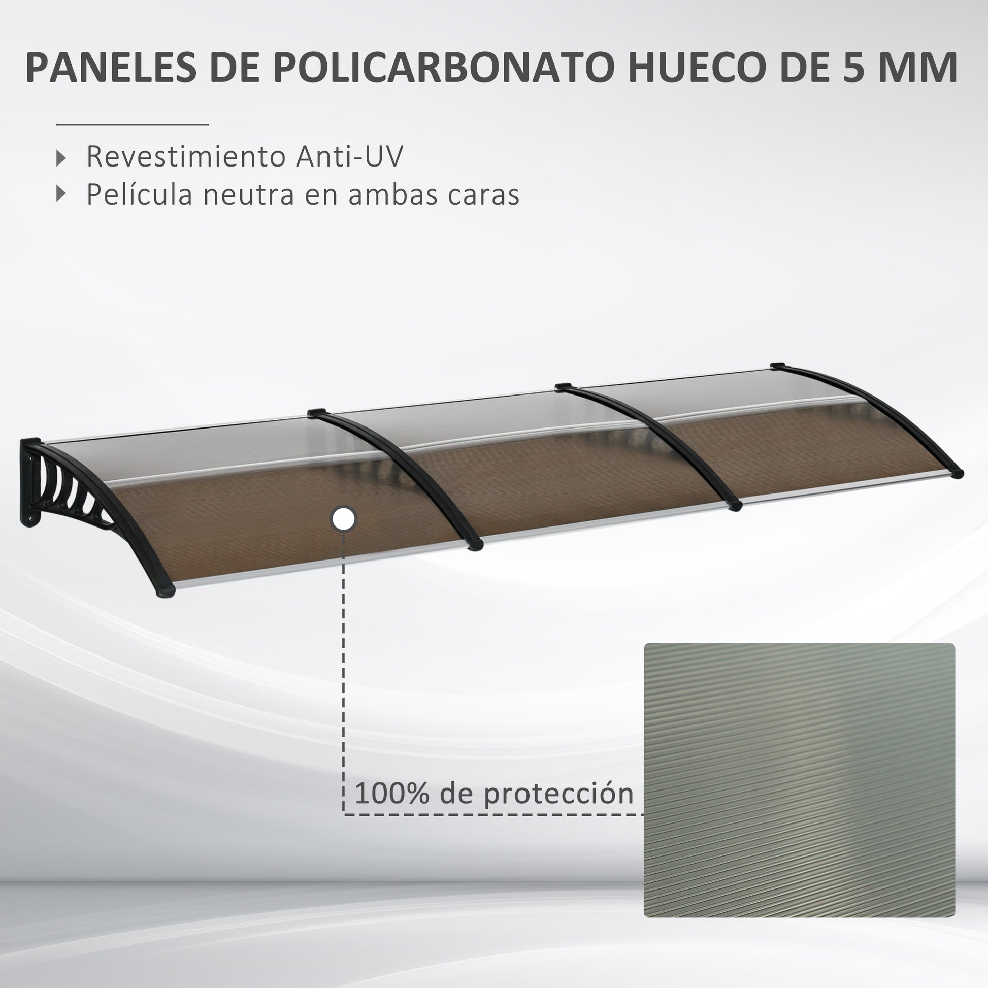 Outsunny Tejadillo de Protección 303x96x27 cm Marquesina Exterior para Puertas y Ventanas contra Sol y Lluvia con Soporte de PP Policarbonato Marrón