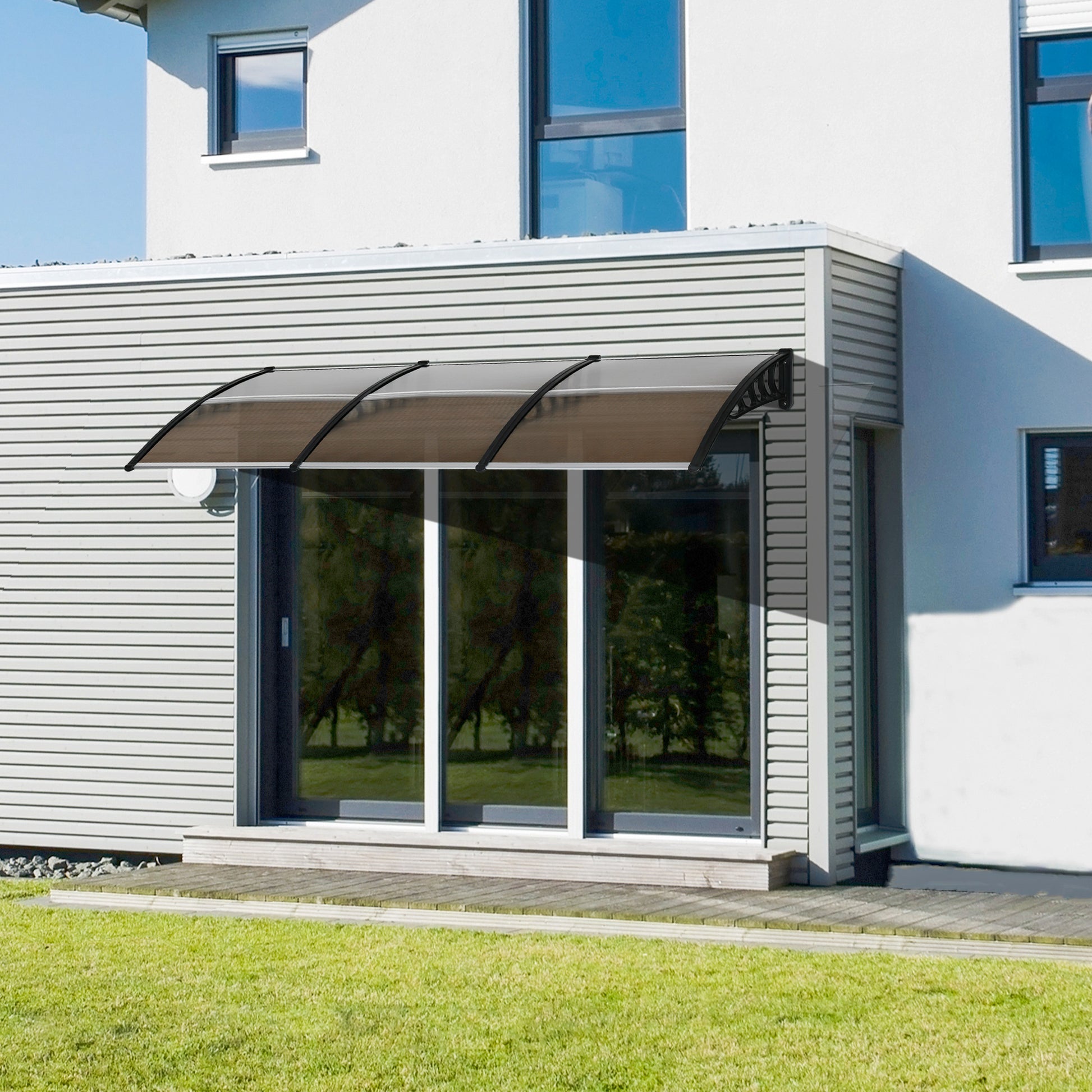 Outsunny Tejadillo de Protección 303x96x27 cm Marquesina Exterior para Puertas y Ventanas contra Sol y Lluvia con Soporte de PP Policarbonato Marrón