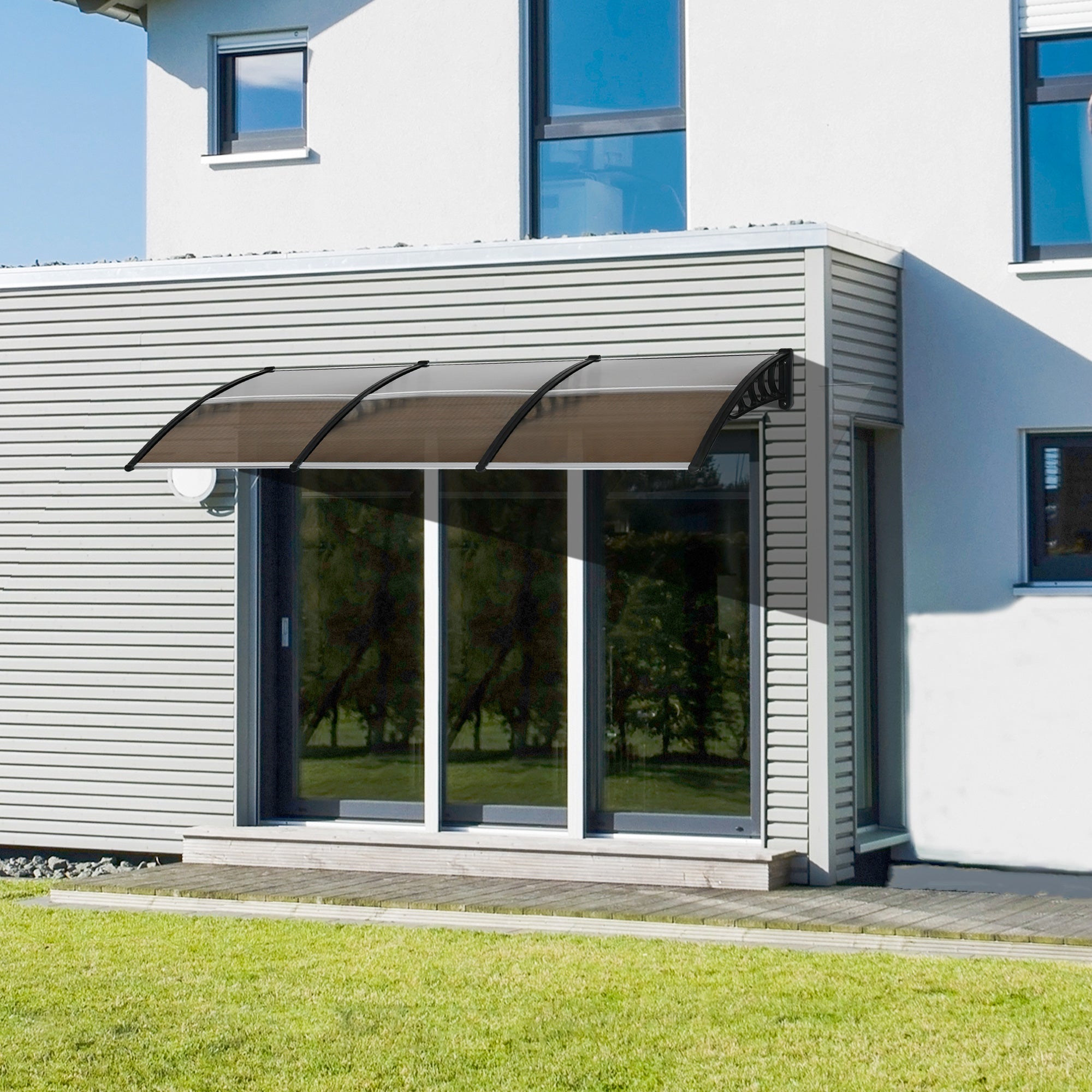 Outsunny Tejadillo de Protección 303x96x27 cm Marquesina Exterior para Puertas y Ventanas contra Sol y Lluvia con Soporte de PP Policarbonato Marrón