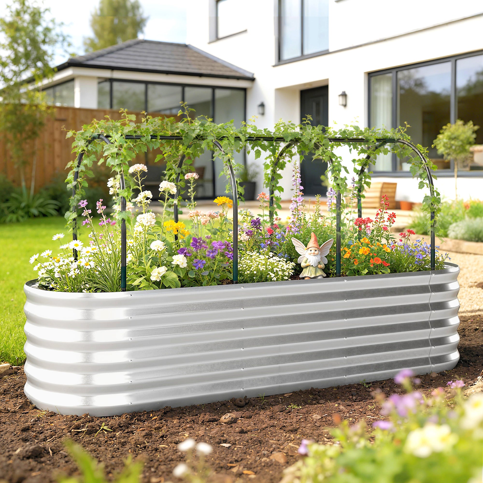 Outsunny Jardinera Exterior Grande con Cubierta de Invernadero y Malla, Huerto Urbano de Acero Galvanizado con Fondo Abierto, Resistente a la Intemperie, para Patio, Terraza, 200x60x103 cm, Plateado