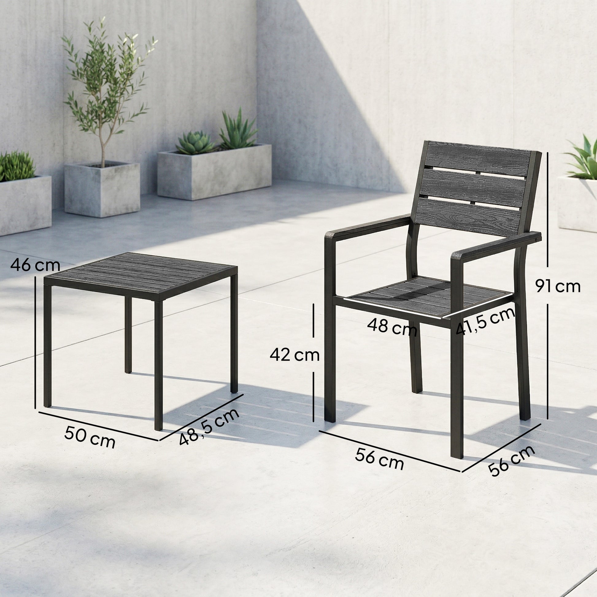Outsunny Conjunto de Mesa y Sillas de Terraza Exterior de 3 Piezas Muebles de Jardín Exterior con 2 Sillas y Mesa de HDPE Diseño Listones Efecto Madera Marco Metal Resistente para Patio Balcón Negro