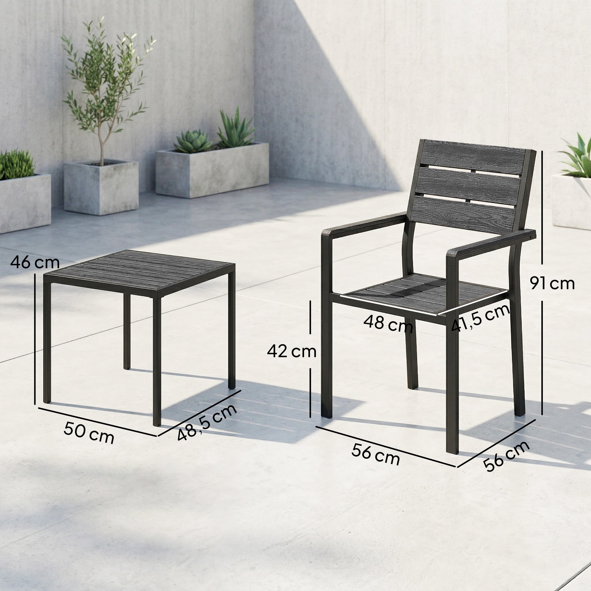 Outsunny Conjunto de Mesa y Sillas de Terraza Exterior de 3 Piezas Muebles de Jardín Exterior con 2 Sillas y Mesa de HDPE Diseño Listones Efecto Madera Marco Metal Resistente para Patio Balcón Negro