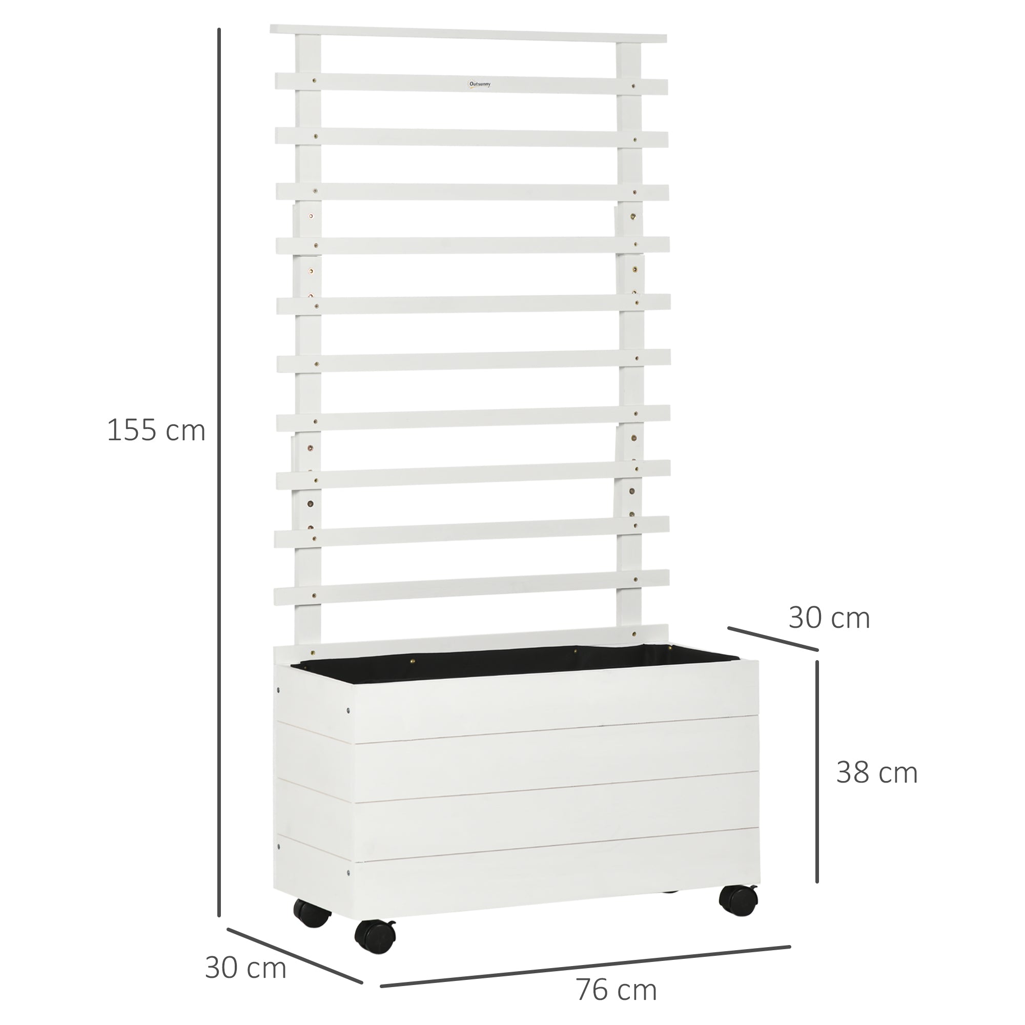 Outsunny Jardinera con Enrejado de Madera Maciza con 4 Ruedas Macetero de Jardín con Soporte para Trepadora y Tela Geotextil para Cultivos Plantas Flores en Exterior 76x30x155 cm Blanco