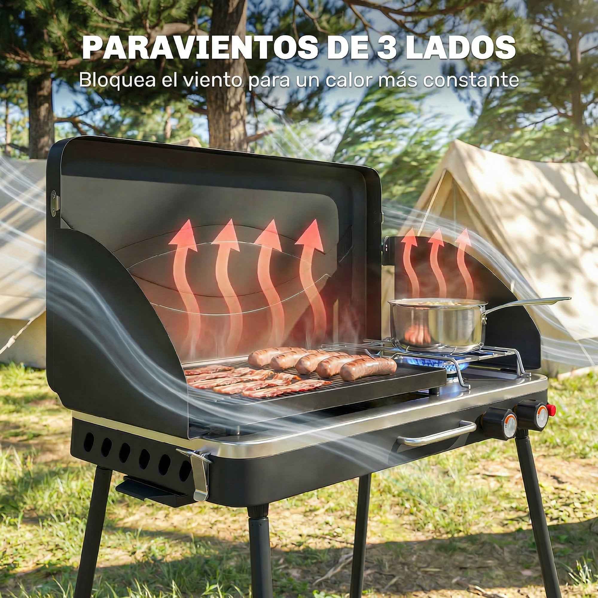 Outsunny Barbacoa de Gas Portátil 2 en 1, Barbacoa de Gas Propano 7 kW de Mesa o de Pie con Plancha Grande, Patas Desmontables, Protectores de Viento, para Picnic, Camping, Negro