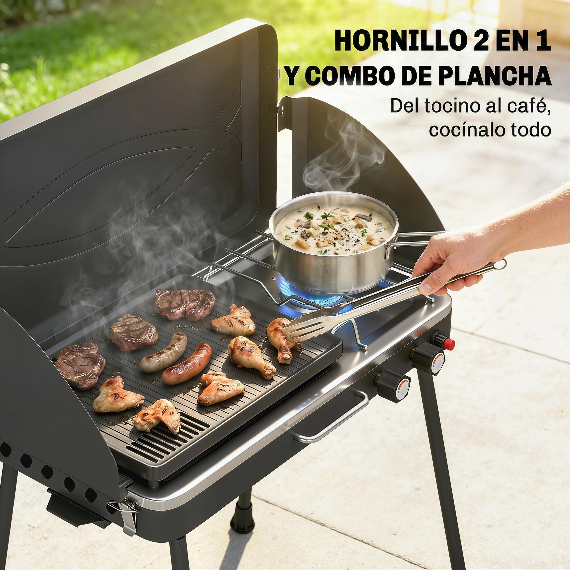 Outsunny Barbacoa de Gas Portátil 2 en 1, Barbacoa de Gas Propano 7 kW de Mesa o de Pie con Plancha Grande, Patas Desmontables, Protectores de Viento, para Picnic, Camping, Negro