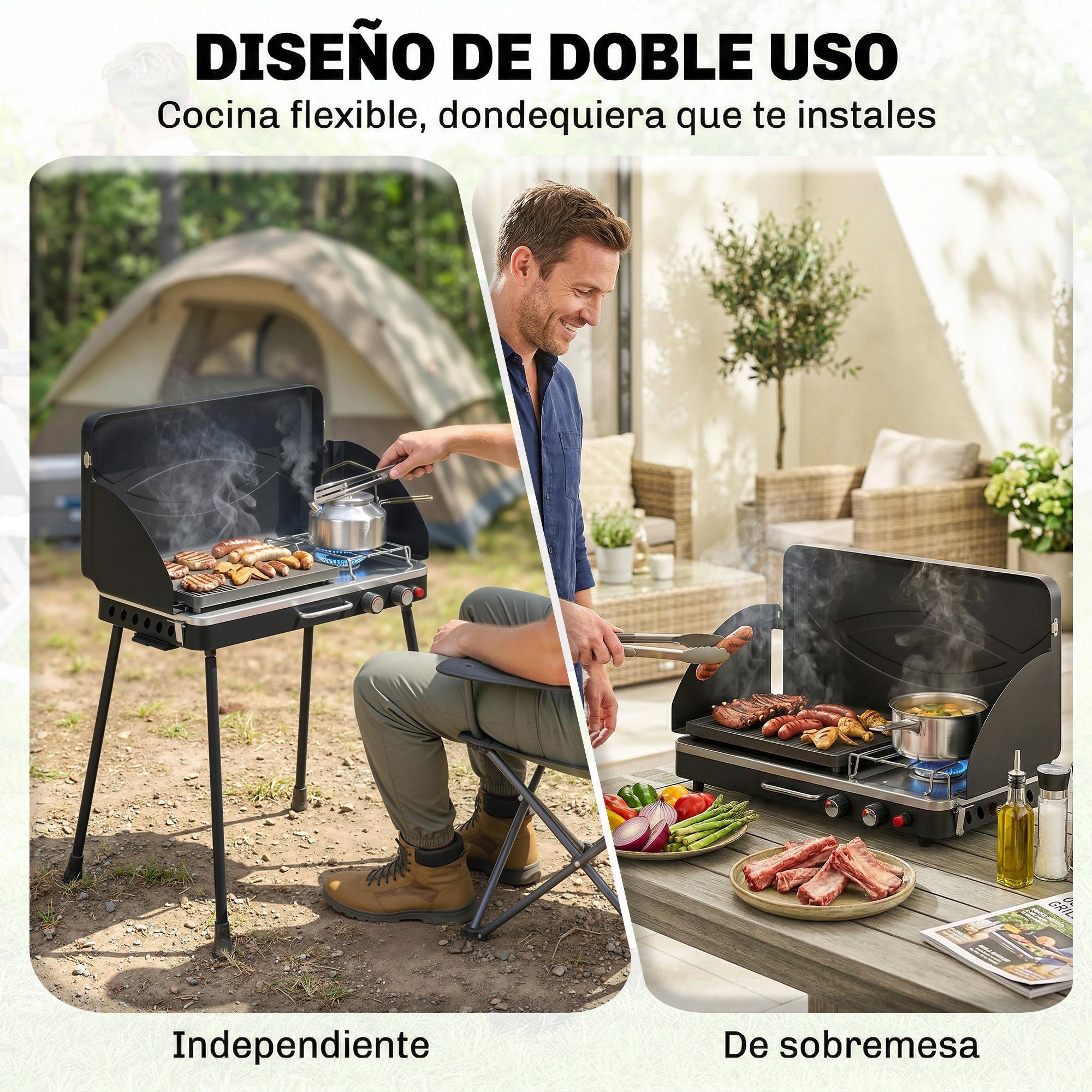 Outsunny Barbacoa de Gas Portátil 2 en 1, Barbacoa de Gas Propano 7 kW de Mesa o de Pie con Plancha Grande, Patas Desmontables, Protectores de Viento, para Picnic, Camping, Negro