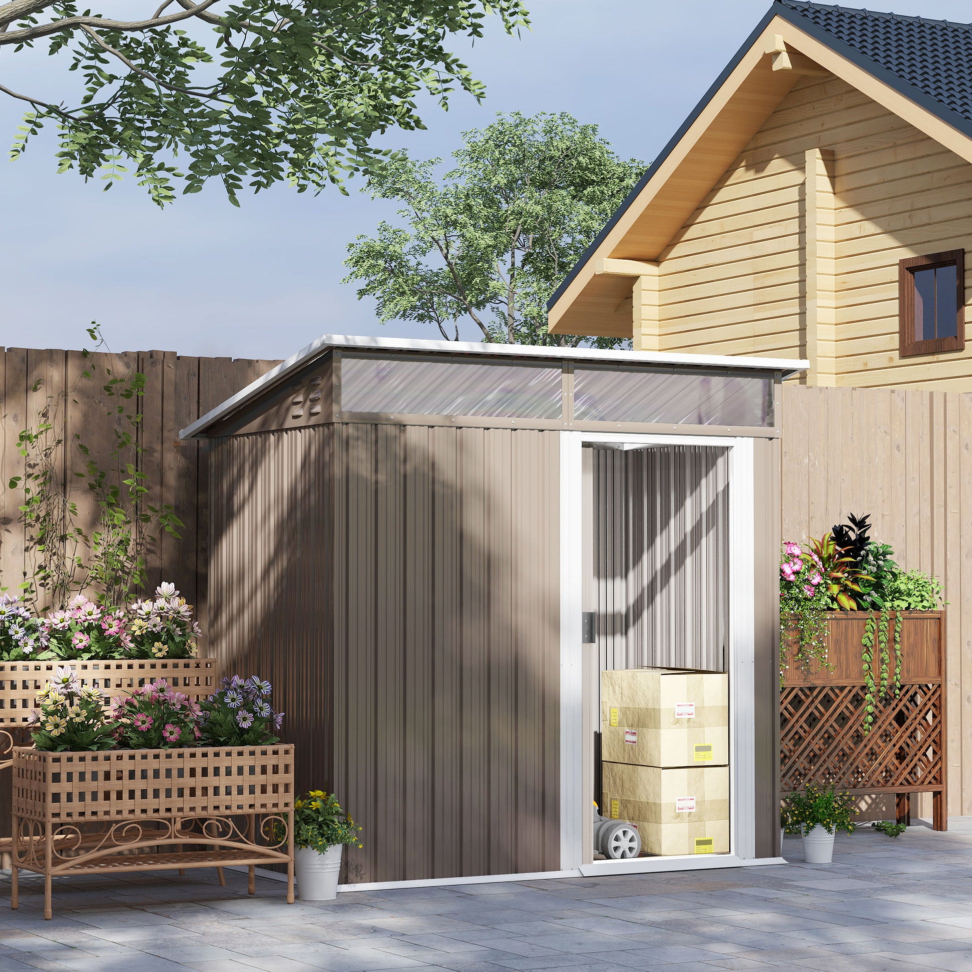 Outsunny Caseta de Jardín Exterior 1,9m² 195x122x182 cm Cobertizo de Jardín Exterior con Base Refuerzo (Suelo NO Incluido) Puerta Corredera Ventanas Cobertizo para Terraza Patio Marrón