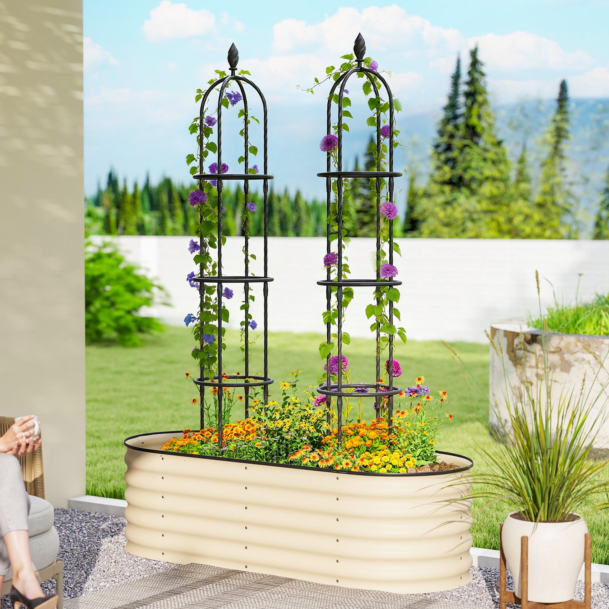 Outsunny Juego de 2 Obeliscos de Jardín de Acero, 1,74 m, Enrejados para Plantas Trepadoras, Rosas, Frutas, Verduras, Soportes Decorativos para Exterior, Patio, Terraza, Negro