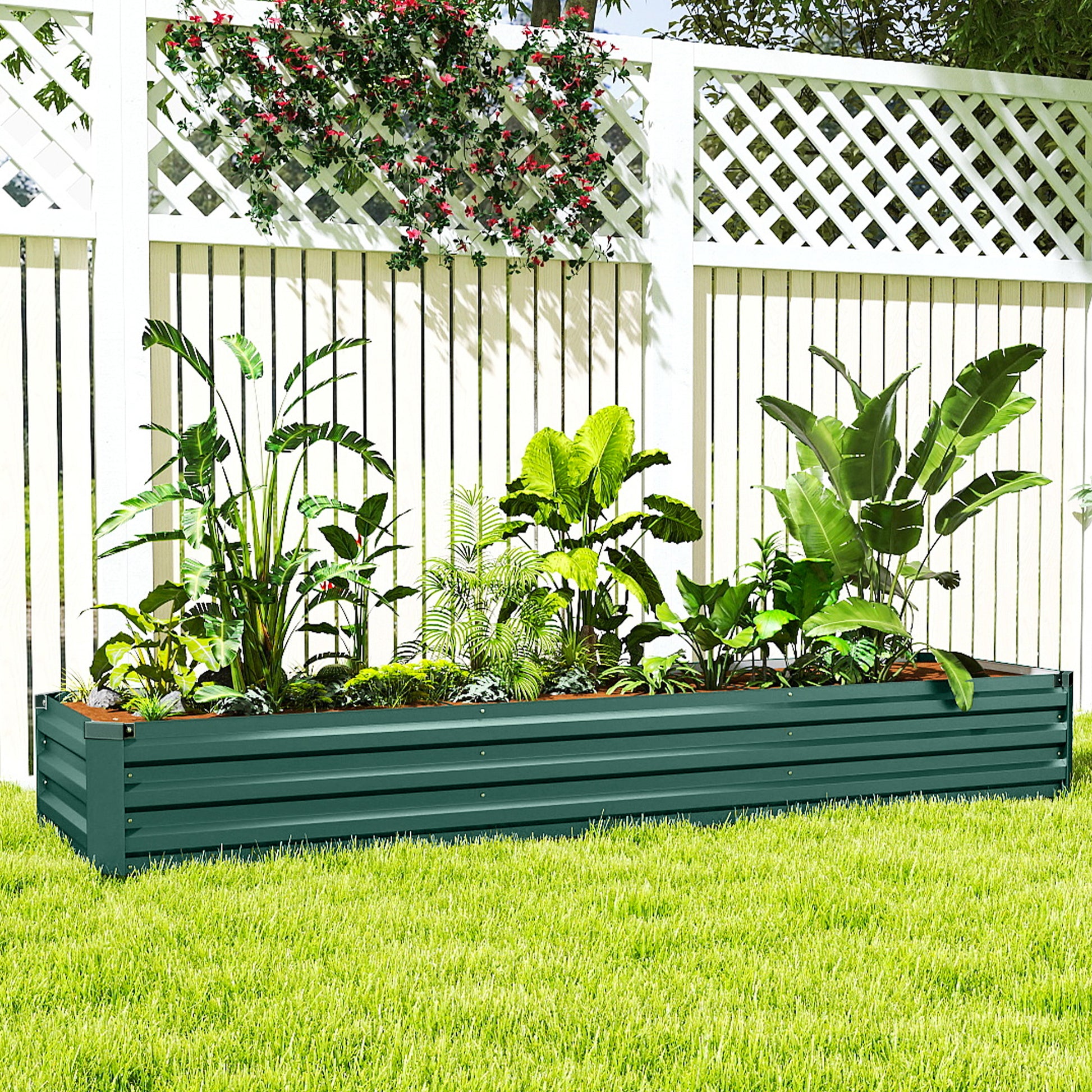 Outsunny Jardinera Exterior Grande Rectangular de Acero Galvanizado, Huerto Urbano para Cultivar Plantas Hierba, Macetero Grande Exterior con Base Abierta Resistente a la Intemperie 240x60x30 cm Verde
