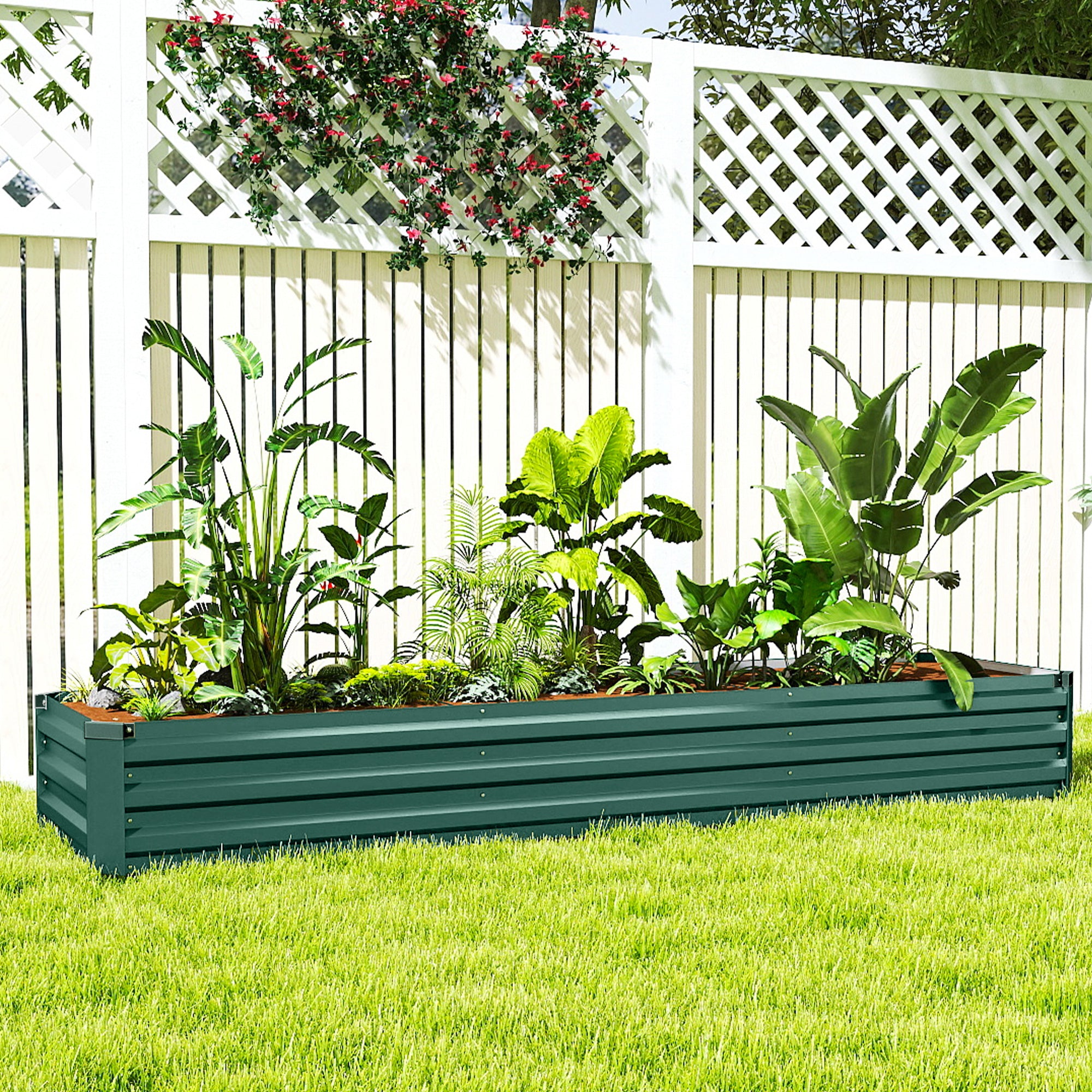 Outsunny Jardinera Exterior Grande Rectangular de Acero Galvanizado, Huerto Urbano para Cultivar Plantas Hierba, Macetero Grande Exterior con Base Abierta Resistente a la Intemperie 240x60x30 cm Verde