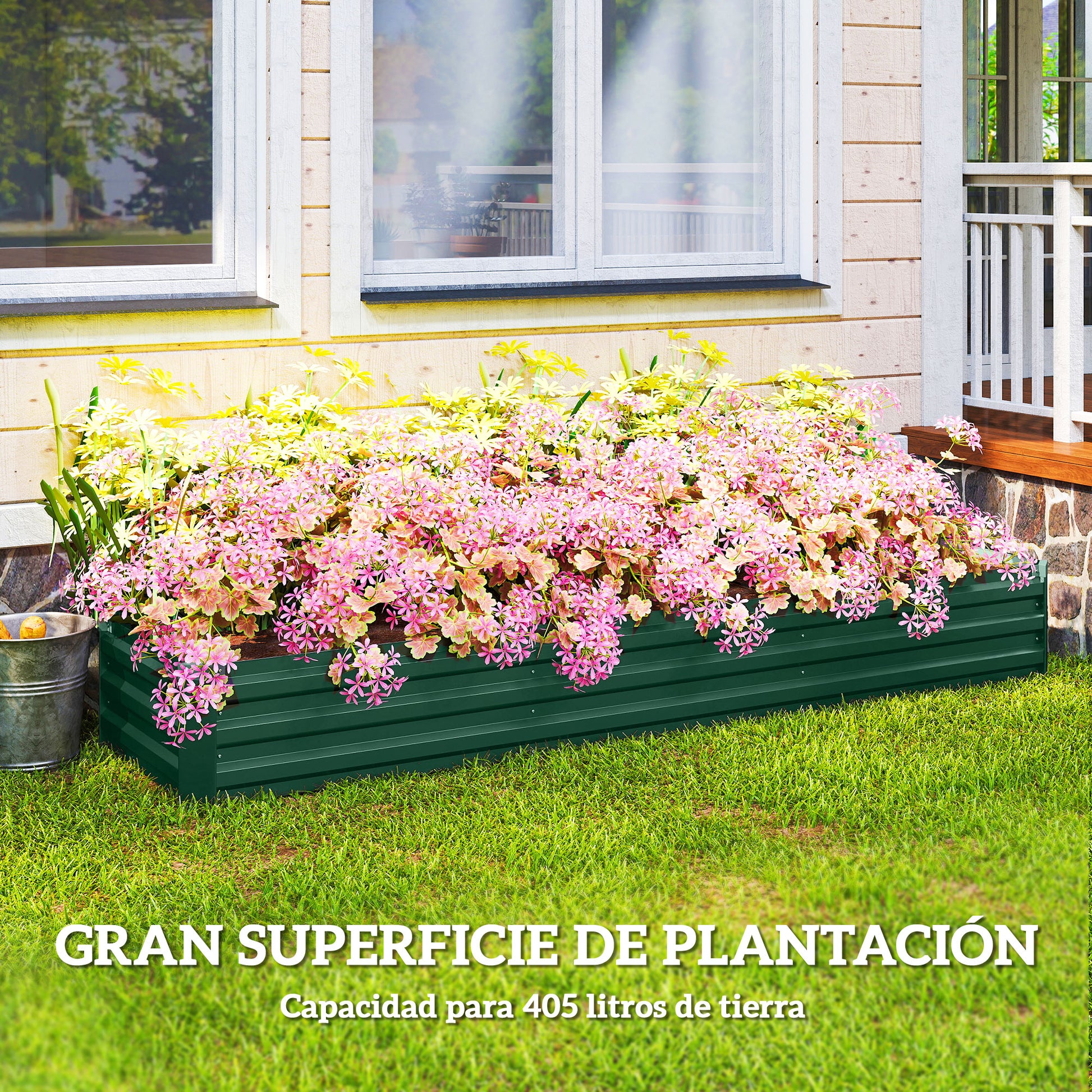 Outsunny Jardinera Exterior Grande Rectangular de Acero Galvanizado, Huerto Urbano para Cultivar Plantas Hierba, Macetero Grande Exterior con Base Abierta Resistente a la Intemperie 240x60x30 cm Verde