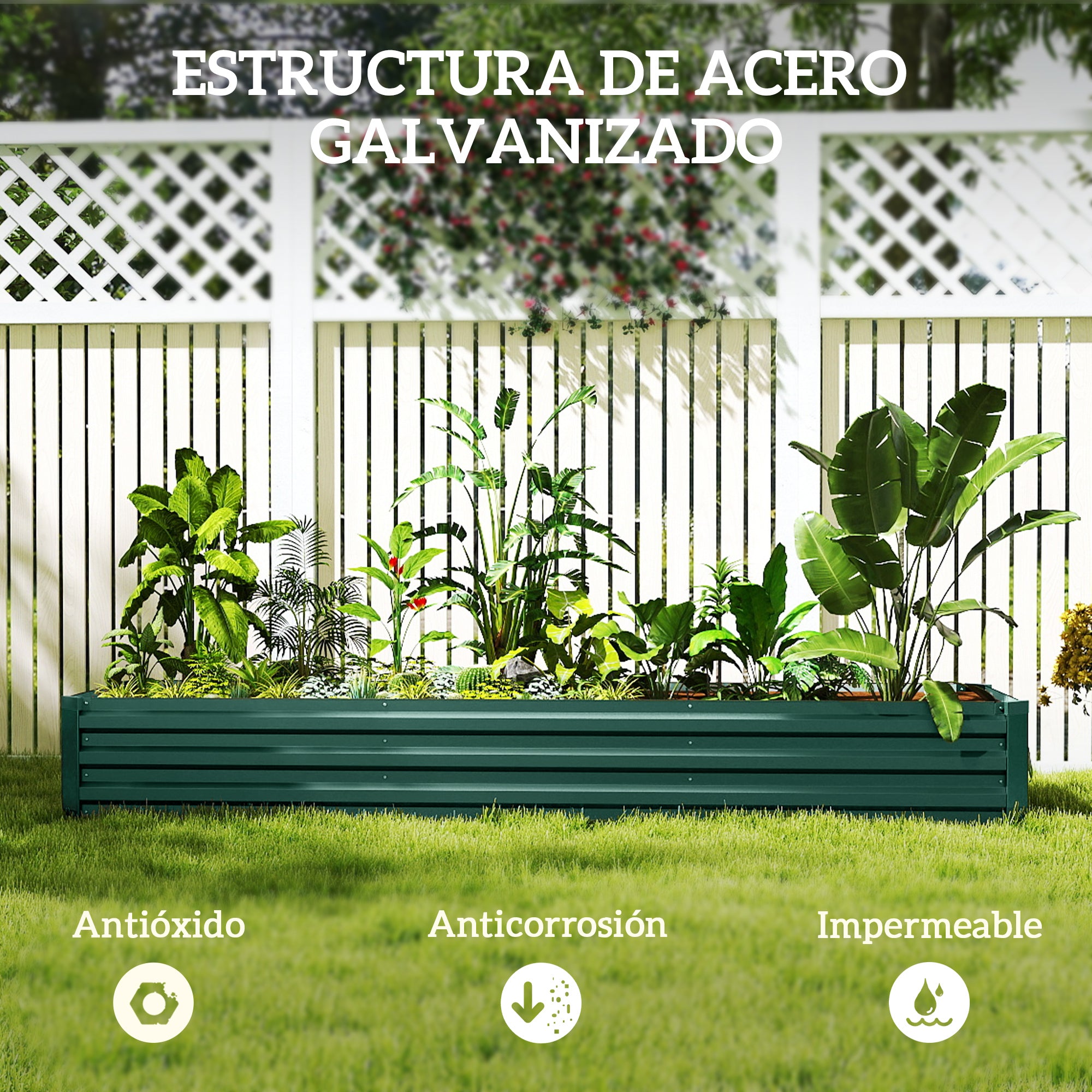 Outsunny Jardinera Exterior Grande Rectangular de Acero Galvanizado, Huerto Urbano para Cultivar Plantas Hierba, Macetero Grande Exterior con Base Abierta Resistente a la Intemperie 240x60x30 cm Verde