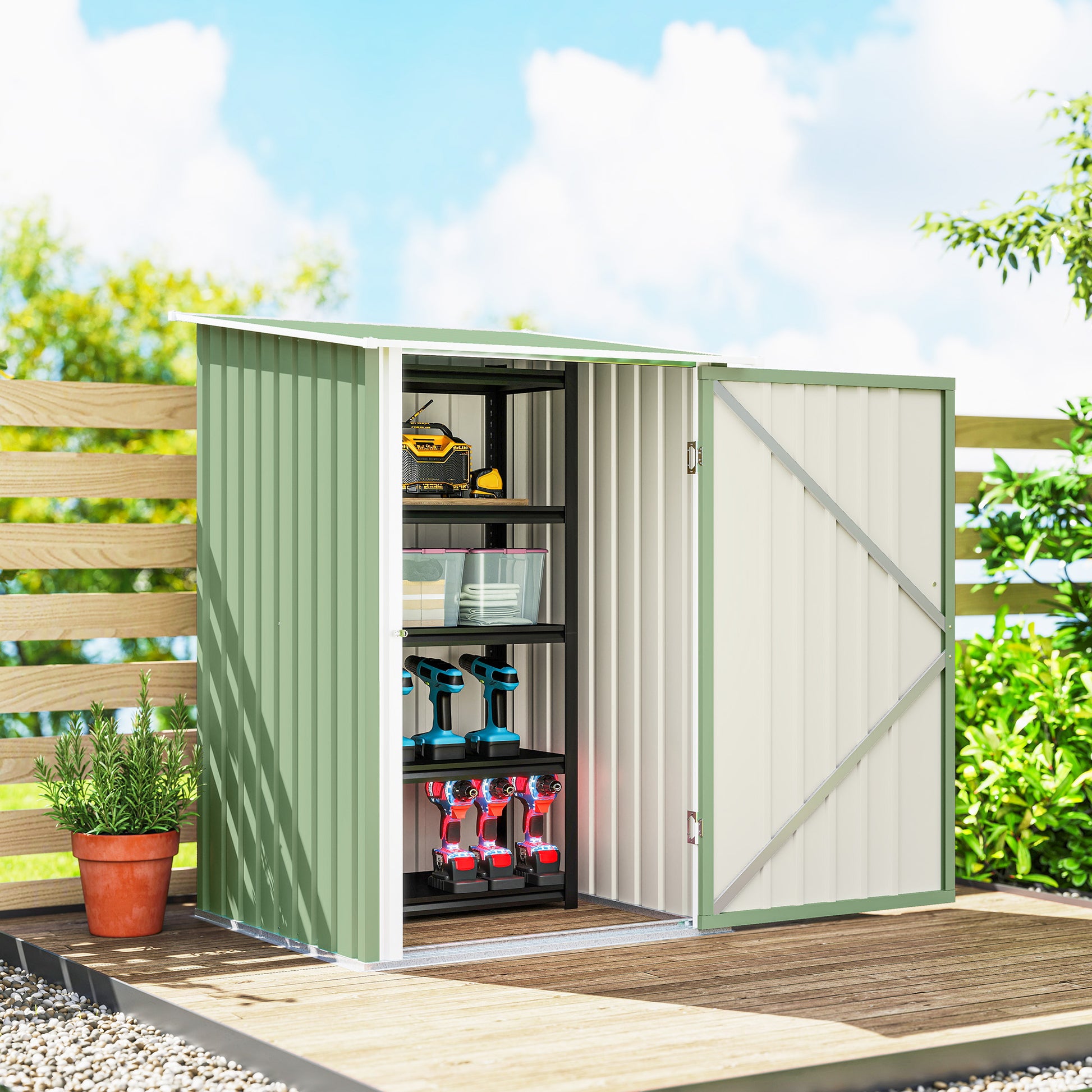 Outsunny Cobertizo de Jardín Exterior, 0,92 m², 100x103x160 cm, Caseta de Jardín Exterior Metálica con 1 Puerta y Cerradura, para Almacenamiento de Herramientas, para Patio, Terraza, Verde Claro