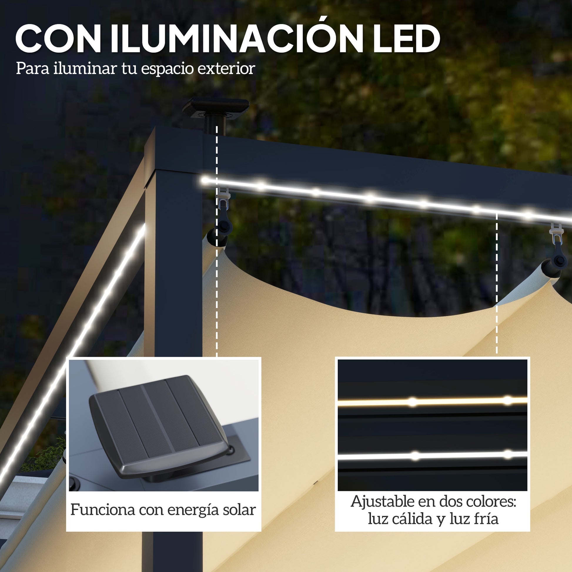 Outsunny Pérgola de Aluminio con Luces LED 4x3 m Cenador de Jardín Gazebo con Solares Techo Retráctil Impermeable Anti-UV Pabellón para Patio Terraza Crema y Gris