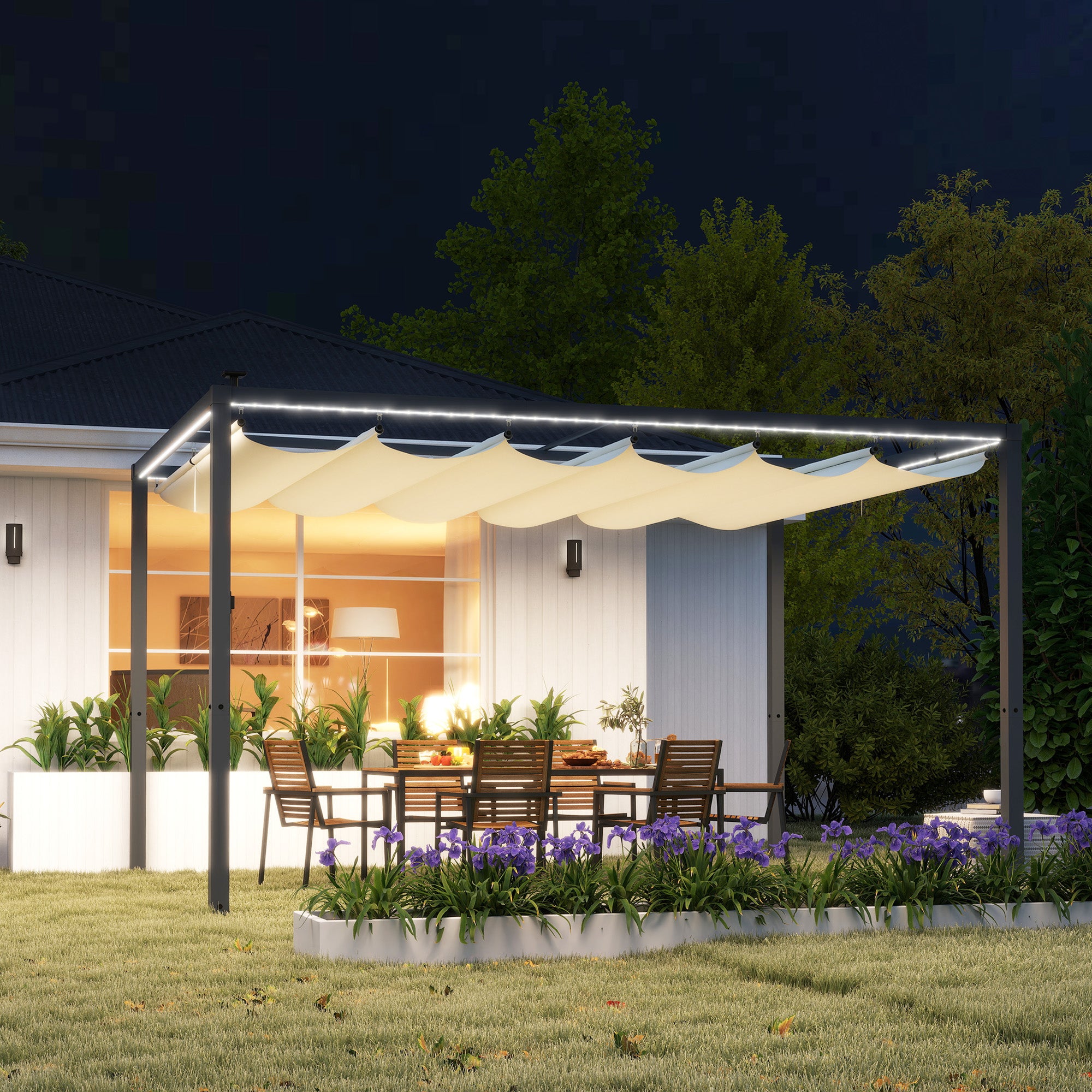 Outsunny Pérgola de Aluminio con Luces LED 4x3 m Cenador de Jardín Gazebo con Solares Techo Retráctil Impermeable Anti-UV Pabellón para Patio Terraza Crema y Gris