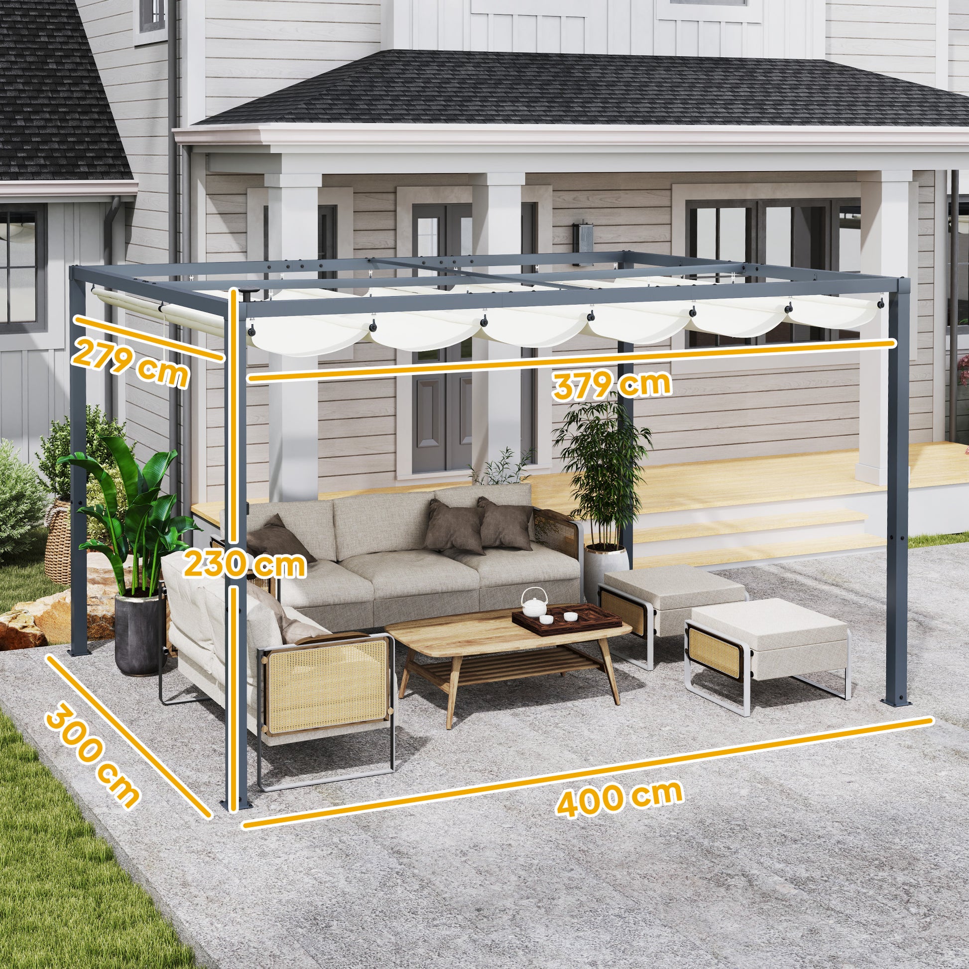Outsunny Pérgola de Aluminio con Luces LED 4x3 m Cenador de Jardín Gazebo con Solares Techo Retráctil Impermeable Anti-UV Pabellón para Patio Terraza Crema y Gris