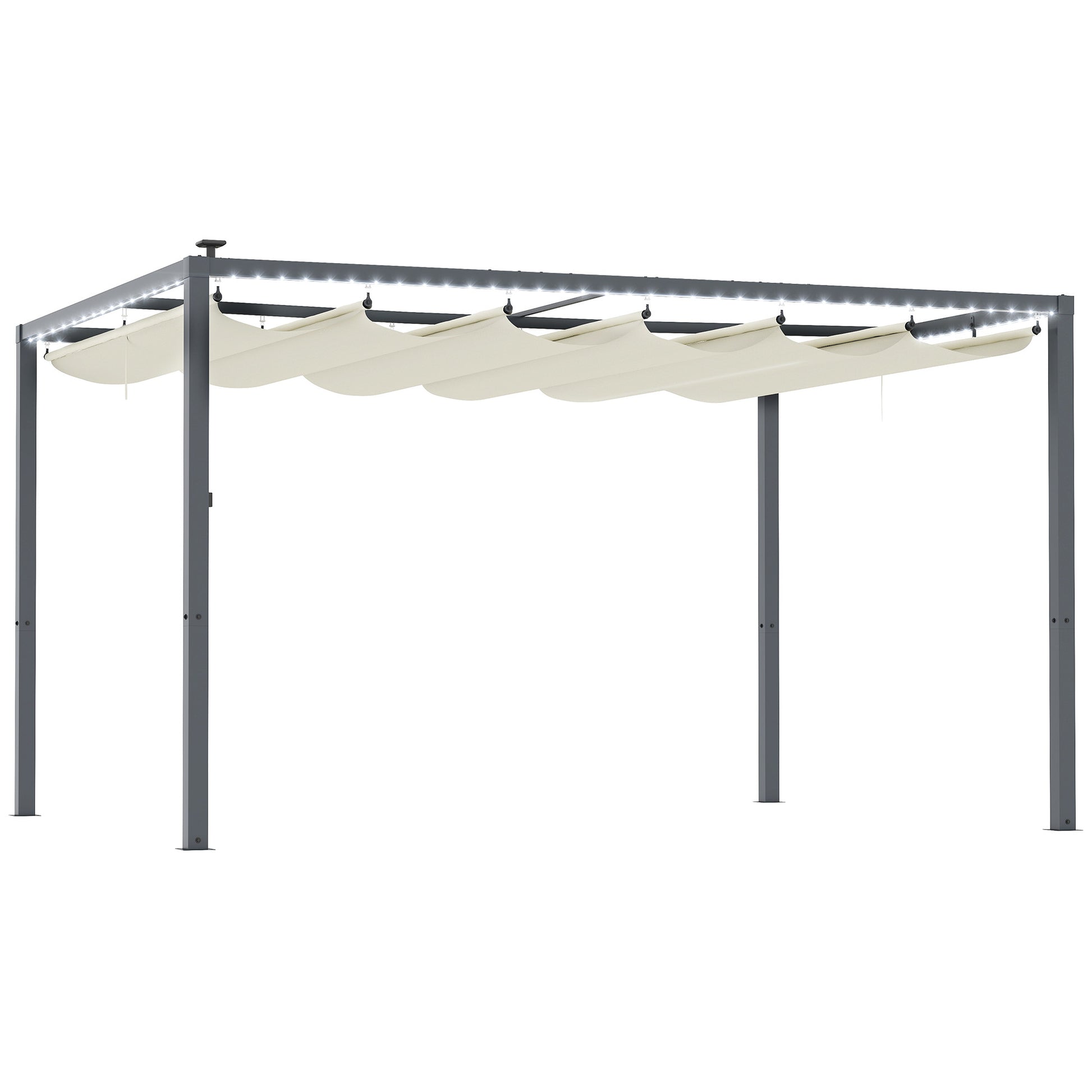 Outsunny Pérgola de Aluminio con Luces LED 4x3 m Cenador de Jardín Gazebo con Solares Techo Retráctil Impermeable Anti-UV Pabellón para Patio Terraza Crema y Gris
