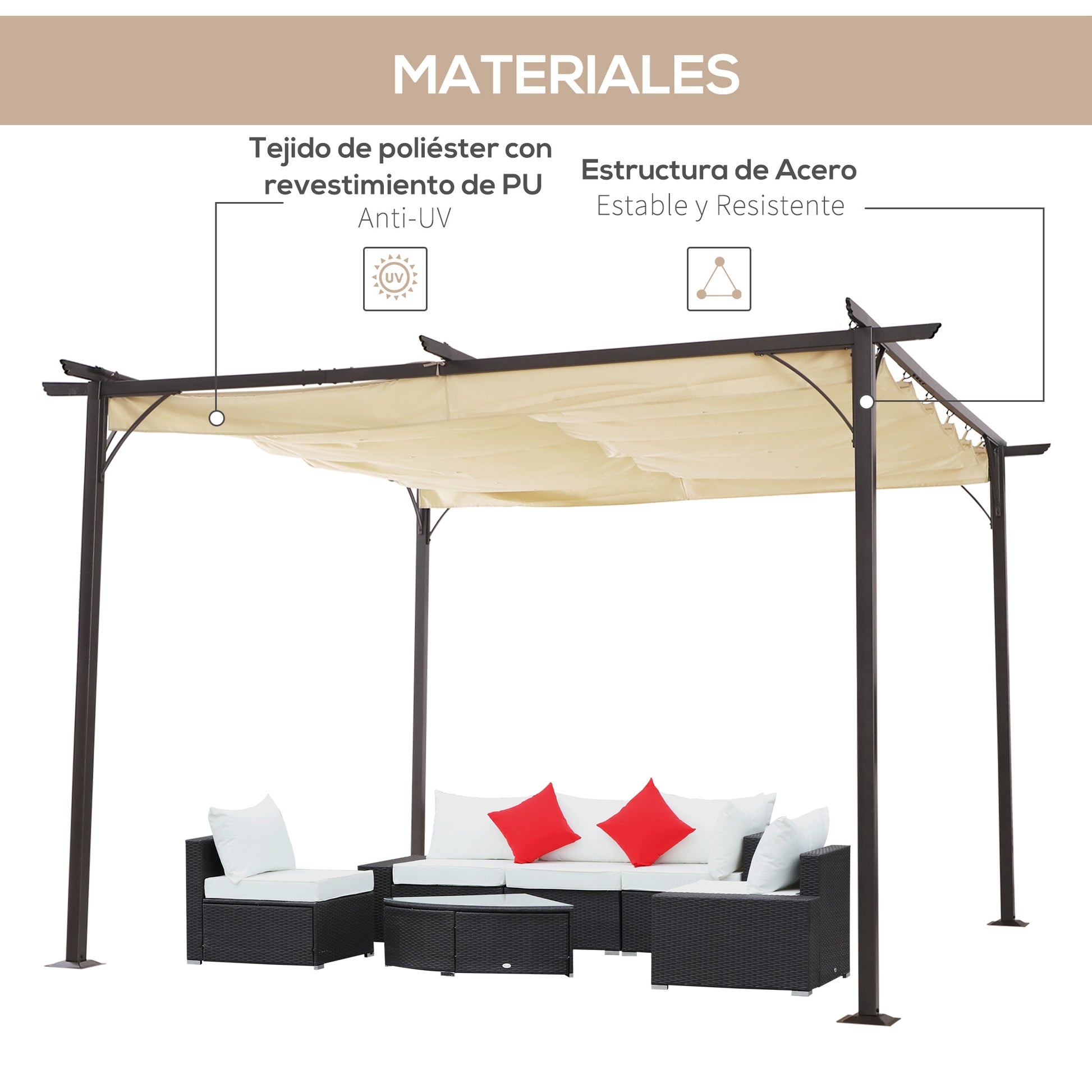 Outsunny Pérgola de Jardín 3,5x3,5m Gazebo Cenador para Exterior con Techo Retráctil Tela Poliéster Impermeable y Anti-UV para Patio Terraza Beige