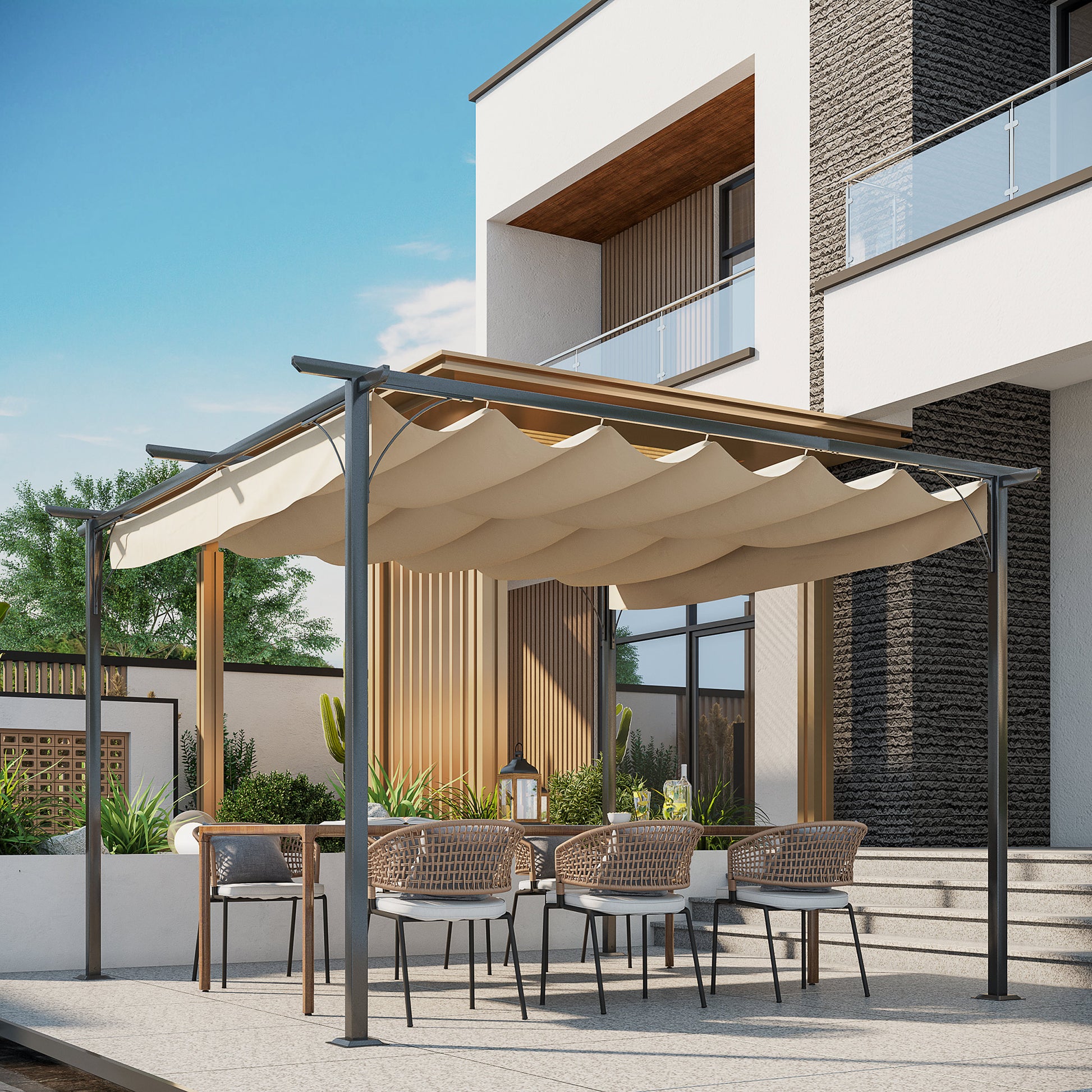 Outsunny Pérgola de Jardín 3,5x3,5m Gazebo Cenador para Exterior con Techo Retráctil Tela Poliéster Impermeable y Anti-UV para Patio Terraza Beige