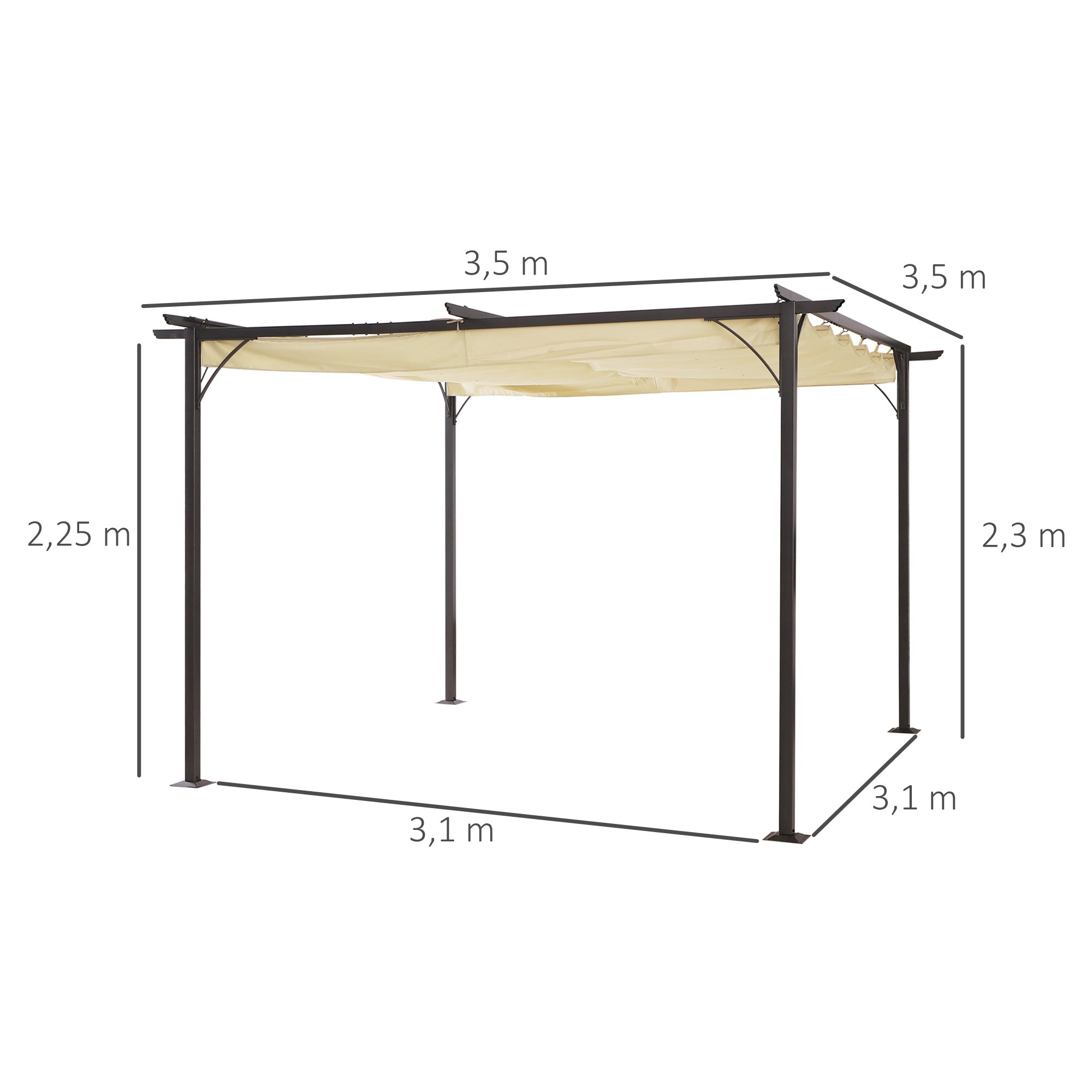 Outsunny Pérgola de Jardín 3,5x3,5m Gazebo Cenador para Exterior con Techo Retráctil Tela Poliéster Impermeable y Anti-UV para Patio Terraza Beige