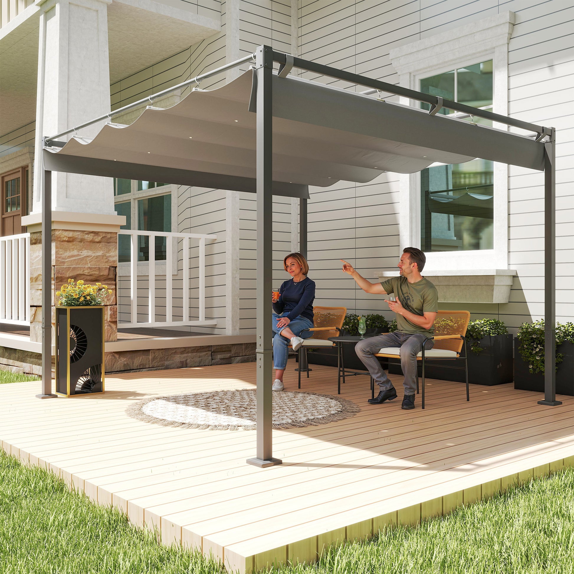 Outsunny Pérgola con Techo Retráctil Pérgola de 3x3 m Cenador de Pared o Independiente con Cierre Magnético Protección UV30+ Pabellón para Jardín Patio Terraza Exterior Gris