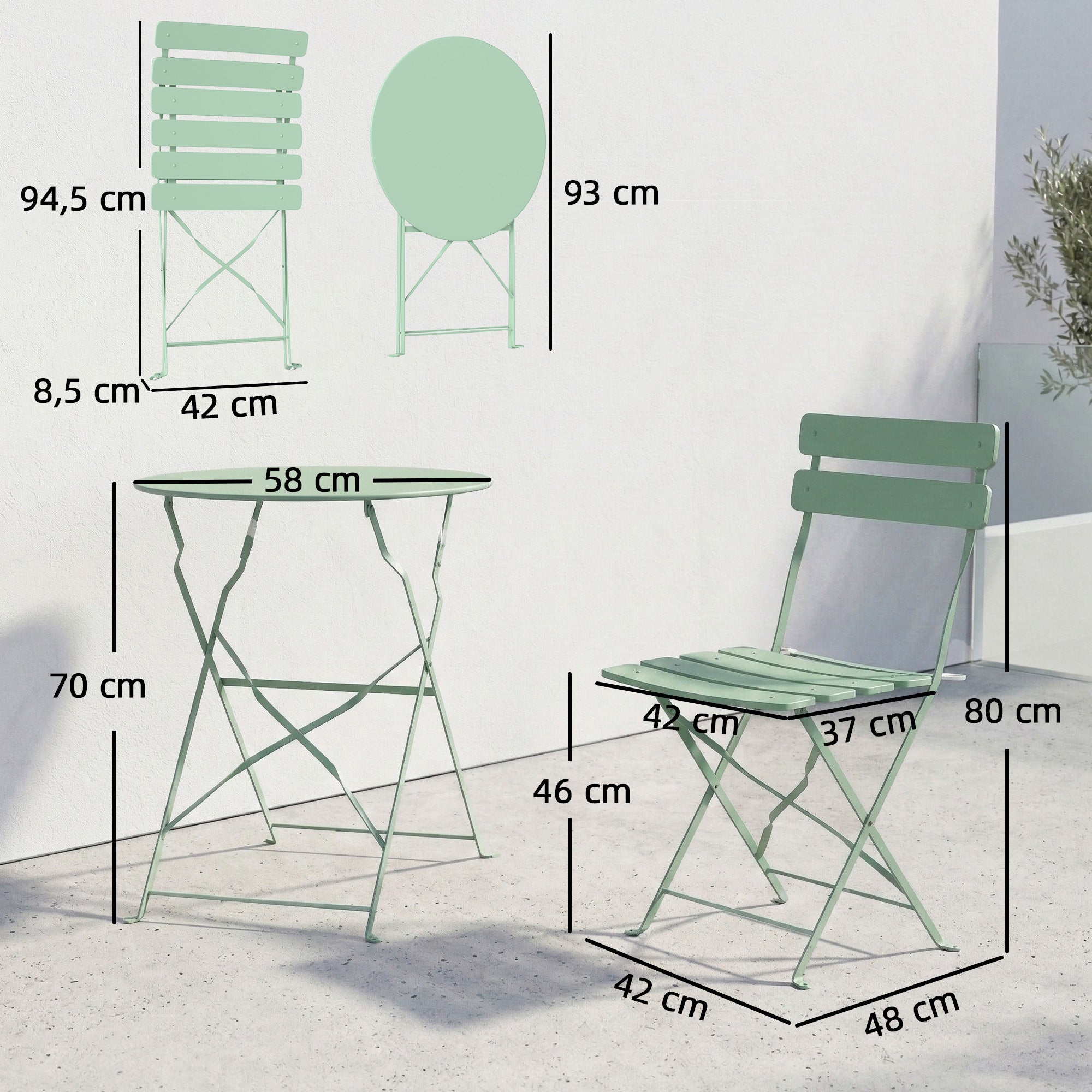 Outsunny Conjunto de Mesa y Sillas de Terraza Exterior Plegable 3 Piezas, Muebles de Jardín Exterior con 2 Sillas Plegables, Mesa Redonda, Estructura Metálica Electrofórica para Patio, Balcón, Verde