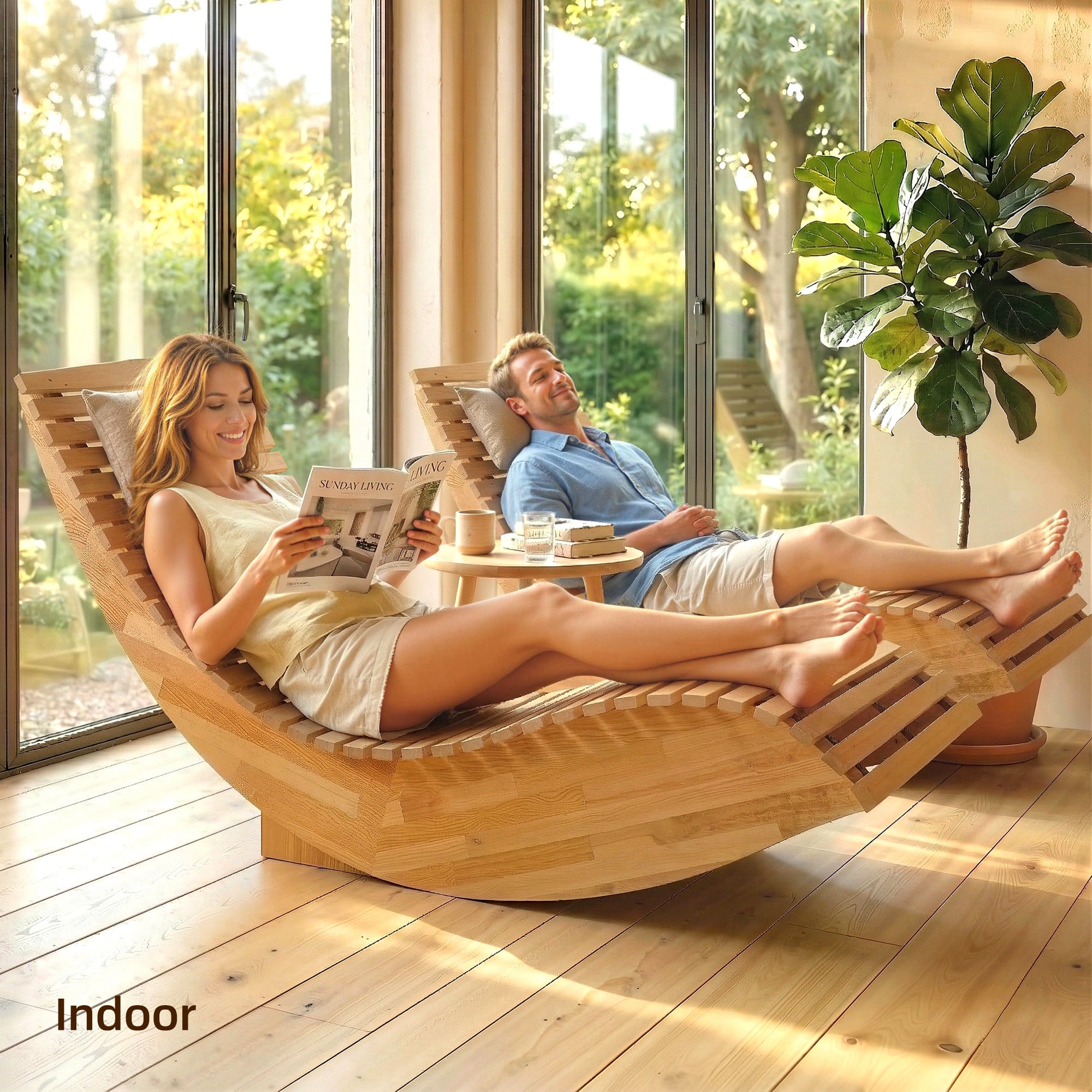 Outsunny Pack de 2 Sillas Mecedoras de Jardín de Madera, Mecedoras para Exterior Ergonómica Plegables con Diseño Listonado, para Balcón, Terraza, Patio, Carga 120 kg, 60x156x77 cm, Natural