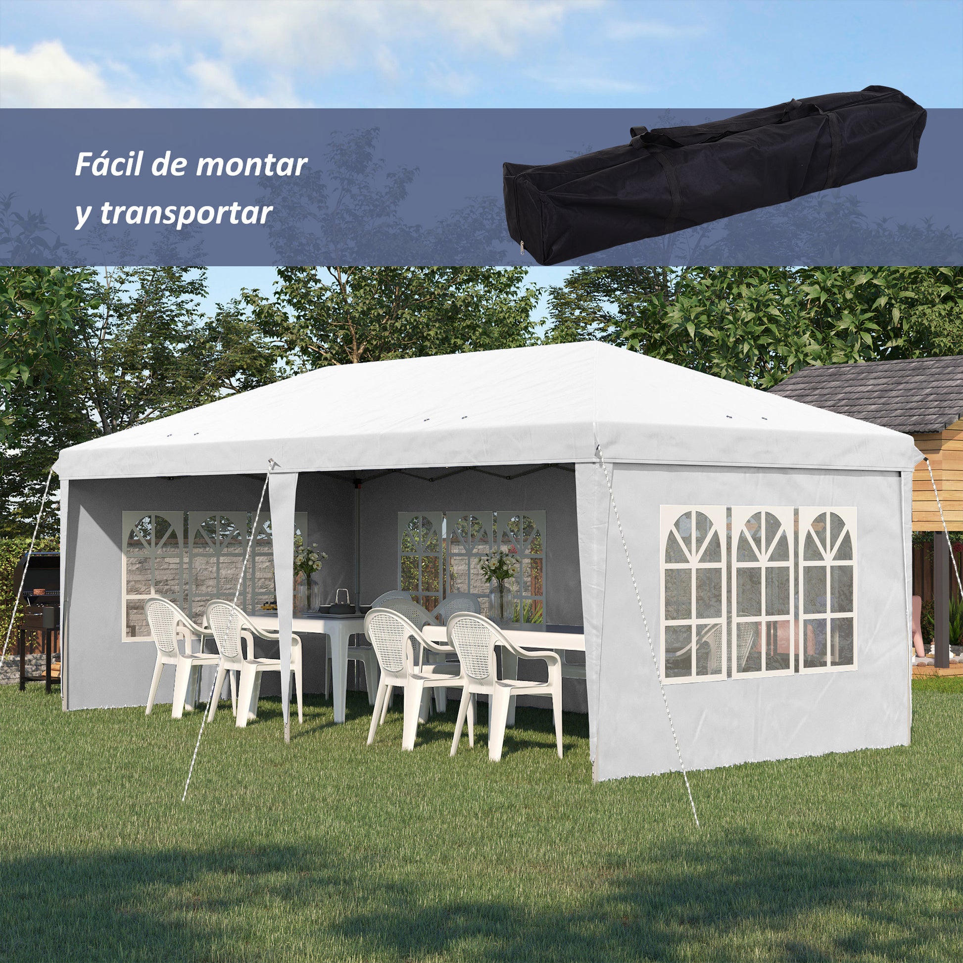 Outsunny Carpa Plegable 6x3 m con 4 Laterales Desmontables Cenador de Jardín con 4 Ventanas Visibles y Bolsa de Transporte Impermeable Gazebo para Exterior Patio Terraza Blanco