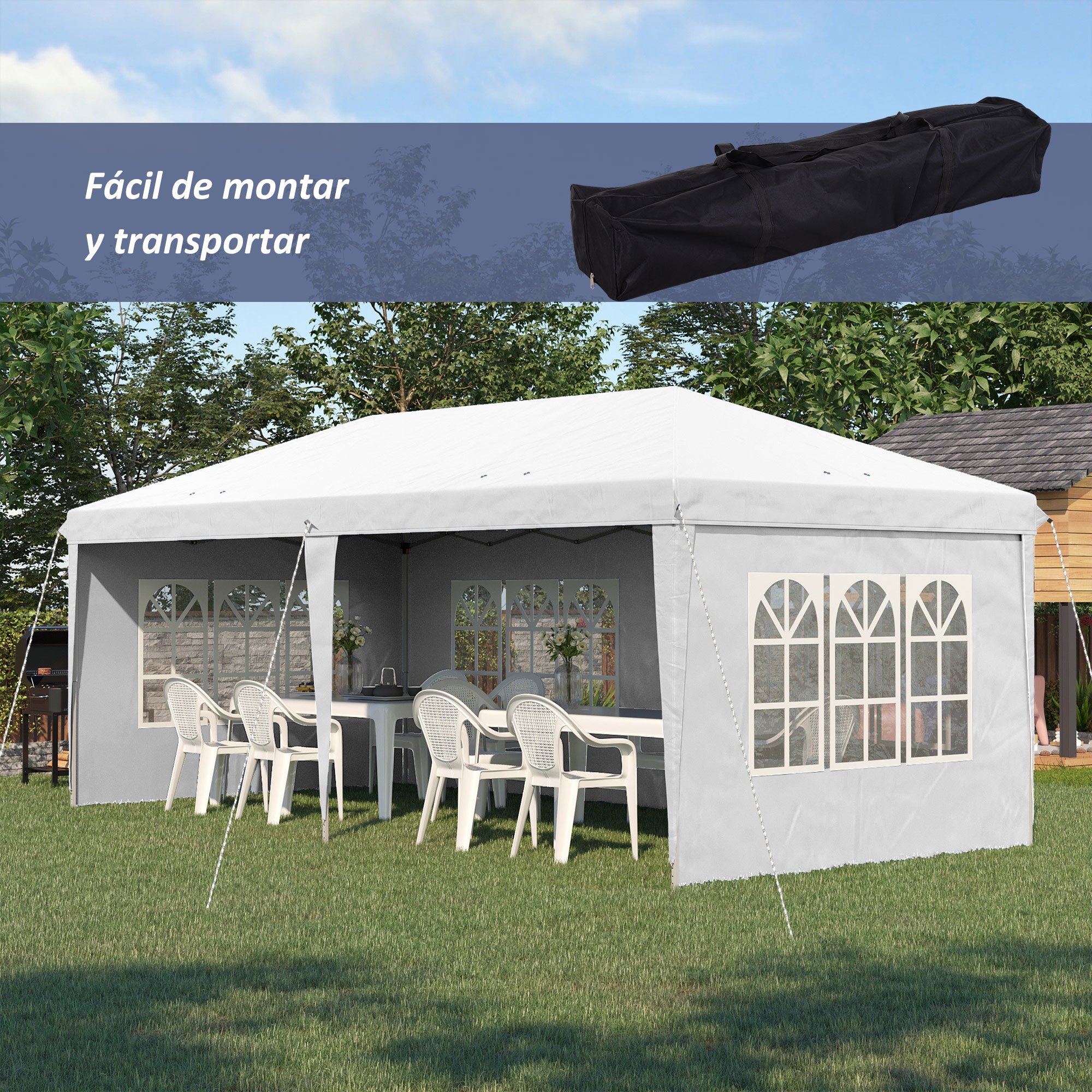 Outsunny Carpa Plegable 6x3 m con 4 Laterales Desmontables Cenador de Jardín con 4 Ventanas Visibles y Bolsa de Transporte Impermeable Gazebo para Exterior Patio Terraza Blanco