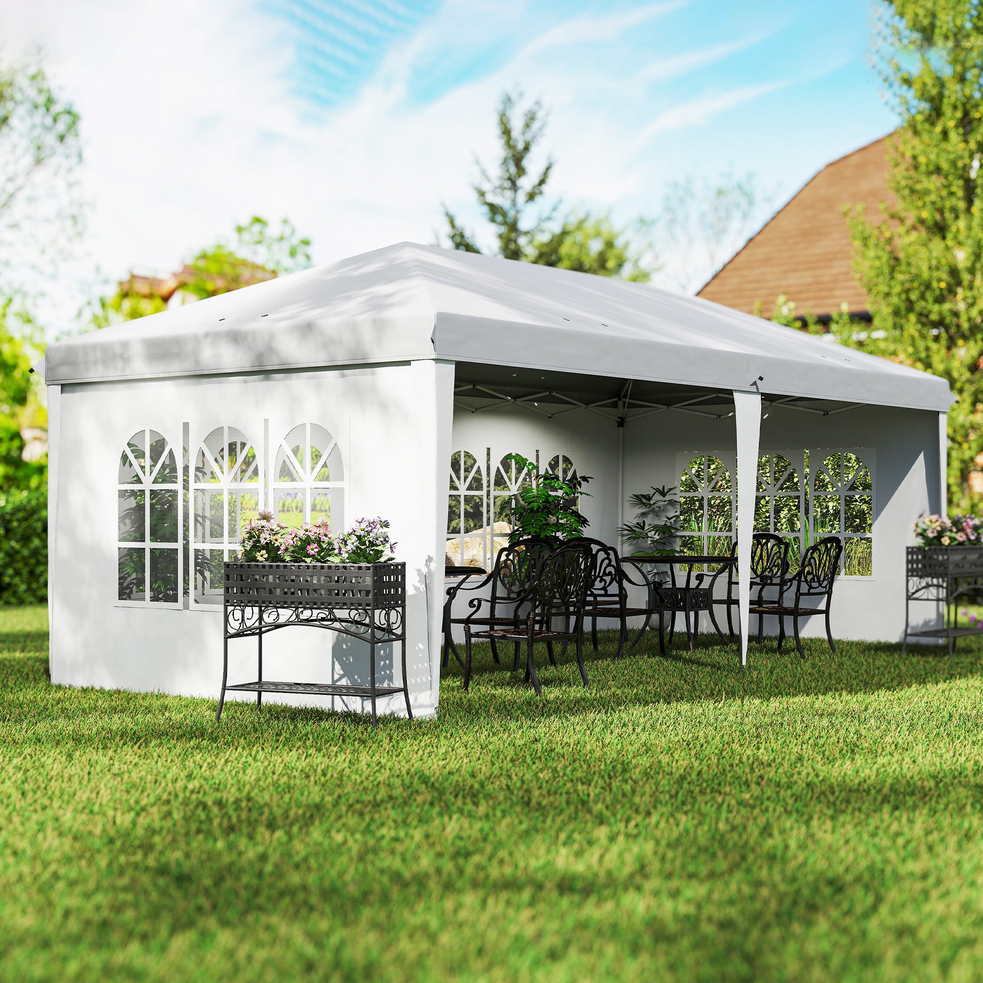 Outsunny Carpa Plegable 6x3 m con 4 Laterales Desmontables Cenador de Jardín con 4 Ventanas Visibles y Bolsa de Transporte Impermeable Gazebo para Exterior Patio Terraza Blanco
