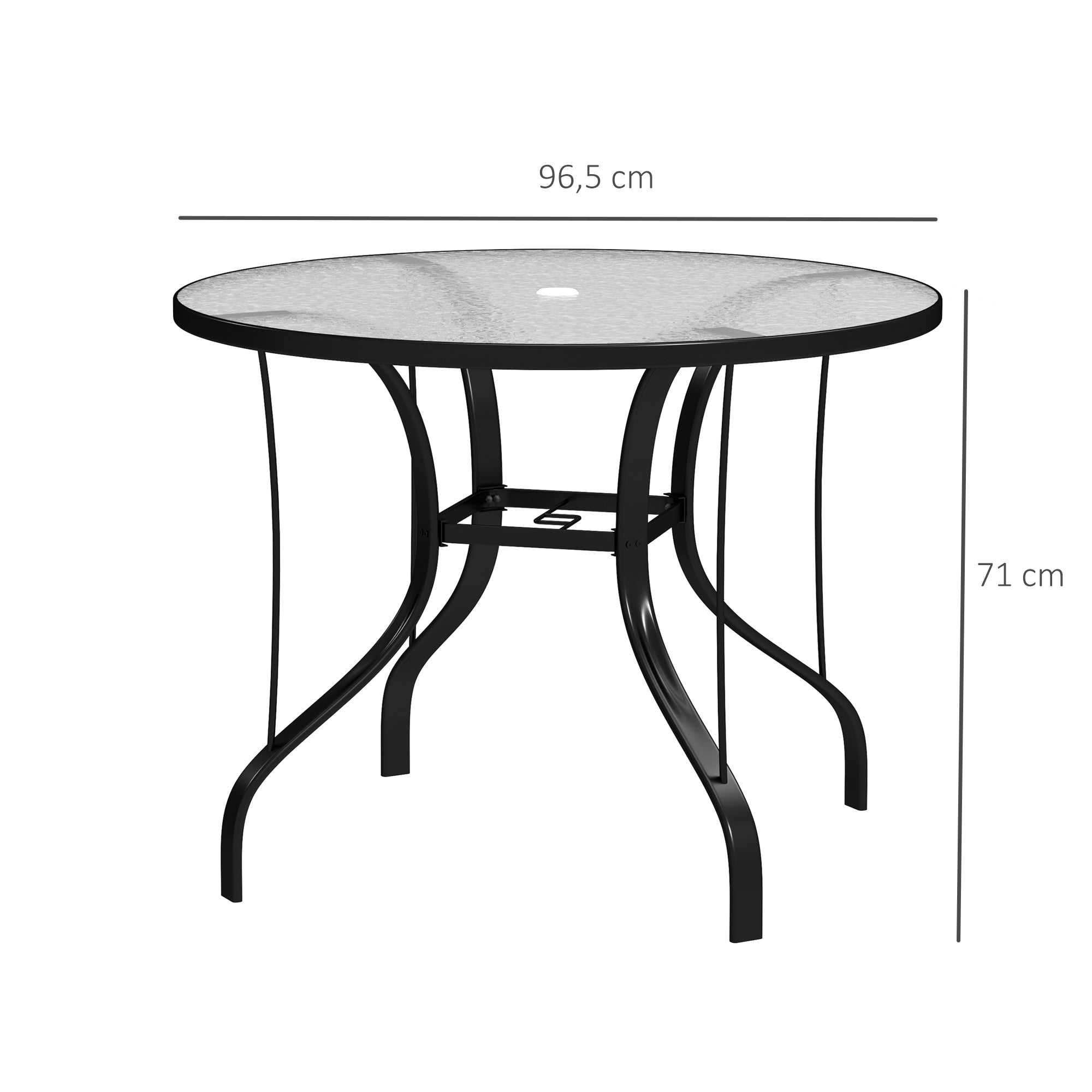 Outsunny Mesa de Jardín Exterior con Orificio para Sombrilla Mesa de Comedor Exterior con Encimera de Vidrio y Estructura Metálica para Patio Terraza Ø96,5x71 cm Negro