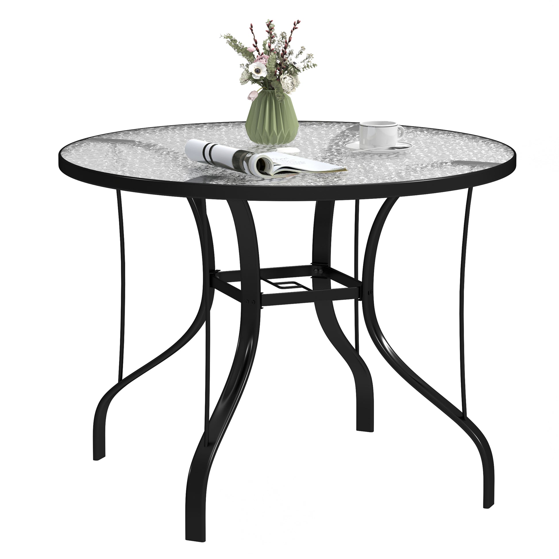 Outsunny Mesa de Jardín Exterior con Orificio para Sombrilla Mesa de Comedor Exterior con Encimera de Vidrio y Estructura Metálica para Patio Terraza Ø96,5x71 cm Negro