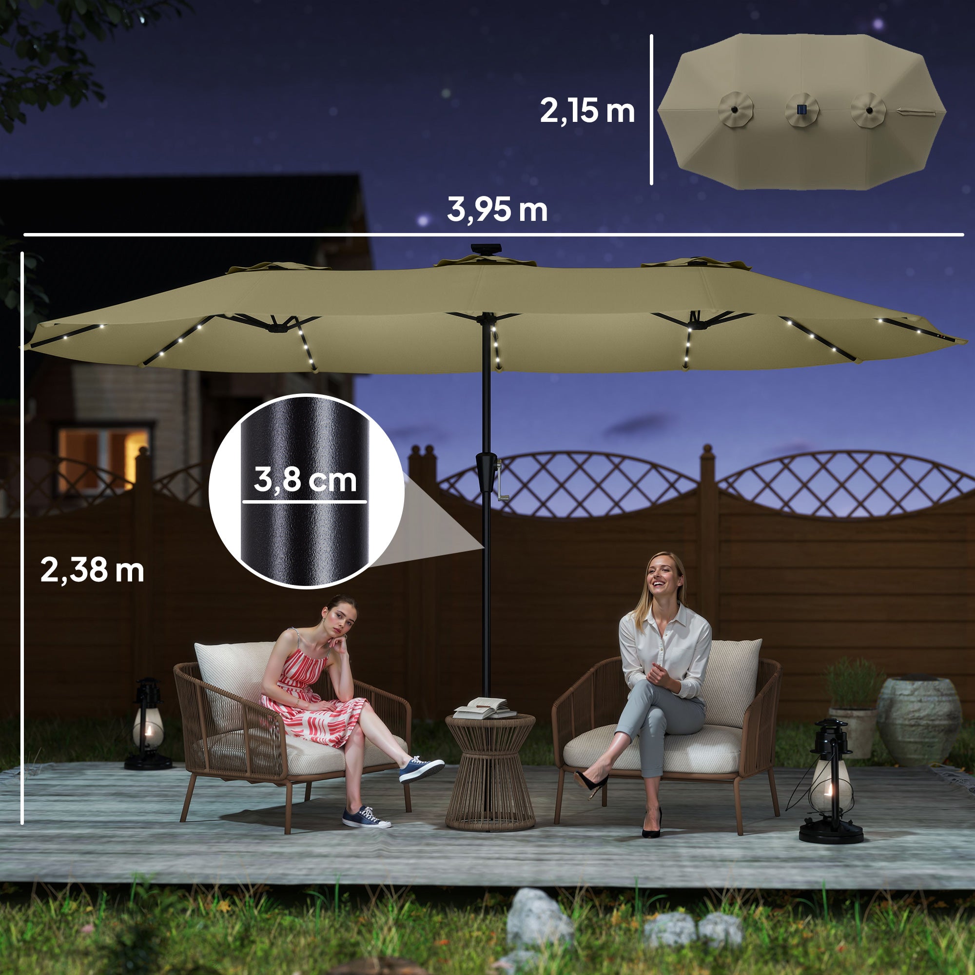 Outsunny Sombrilla Doble con 36 Luces LED Solares, 4x2 m, Sombrilla Terraza Exterior con Manivela, UPF50+, 12 Varillas, Resistente al Agua, Parasol para Jardín, Terraza, Patio, Beige