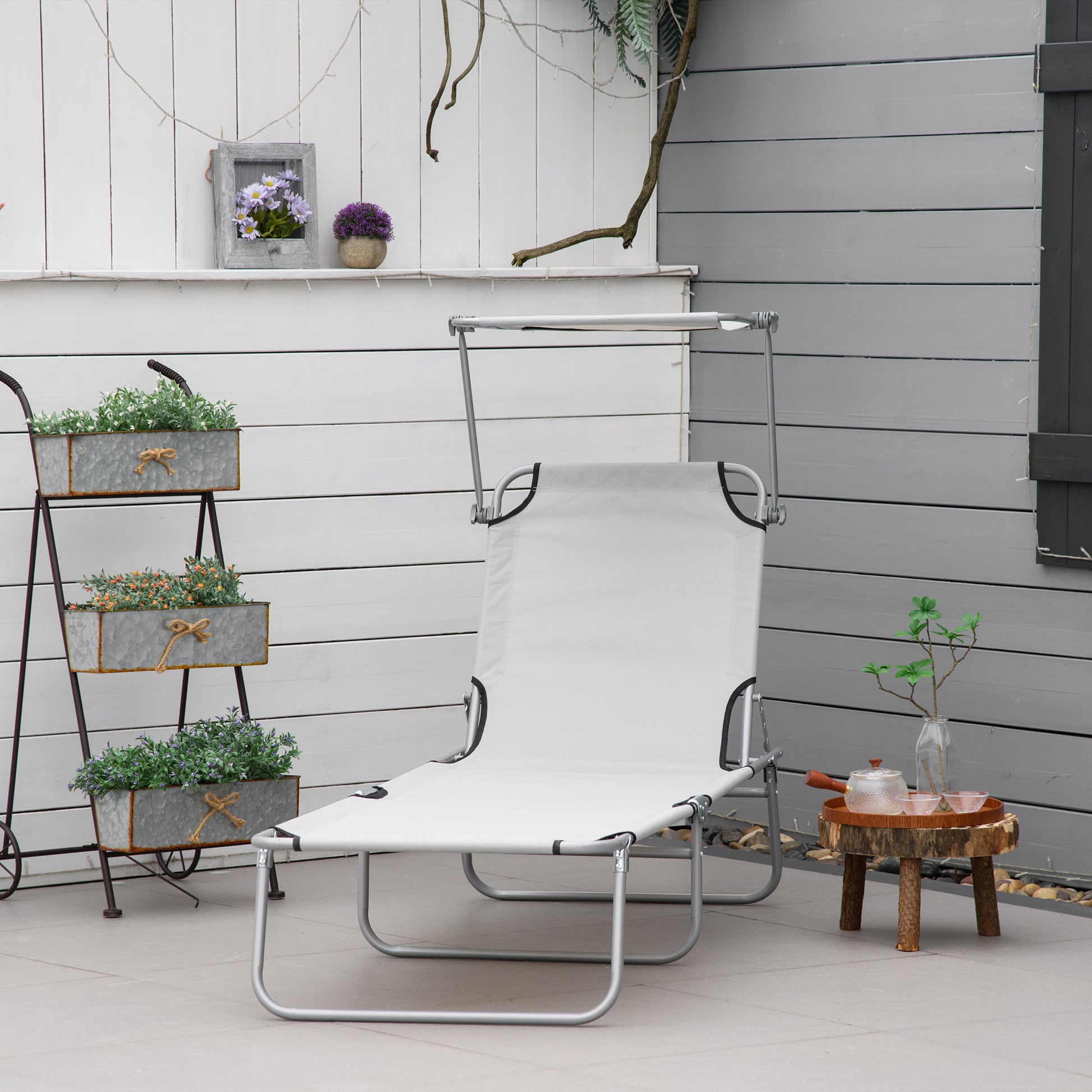 Outsunny Set de 2 Tumbonas Plegables Tumbonas de Jardín Exterior Reclinables con Toldo Desmontable con Ángulo Regulable Respaldo Ajustable en 4 Niveles para Terraza Piscina Patio 187x58x36 cm Gris