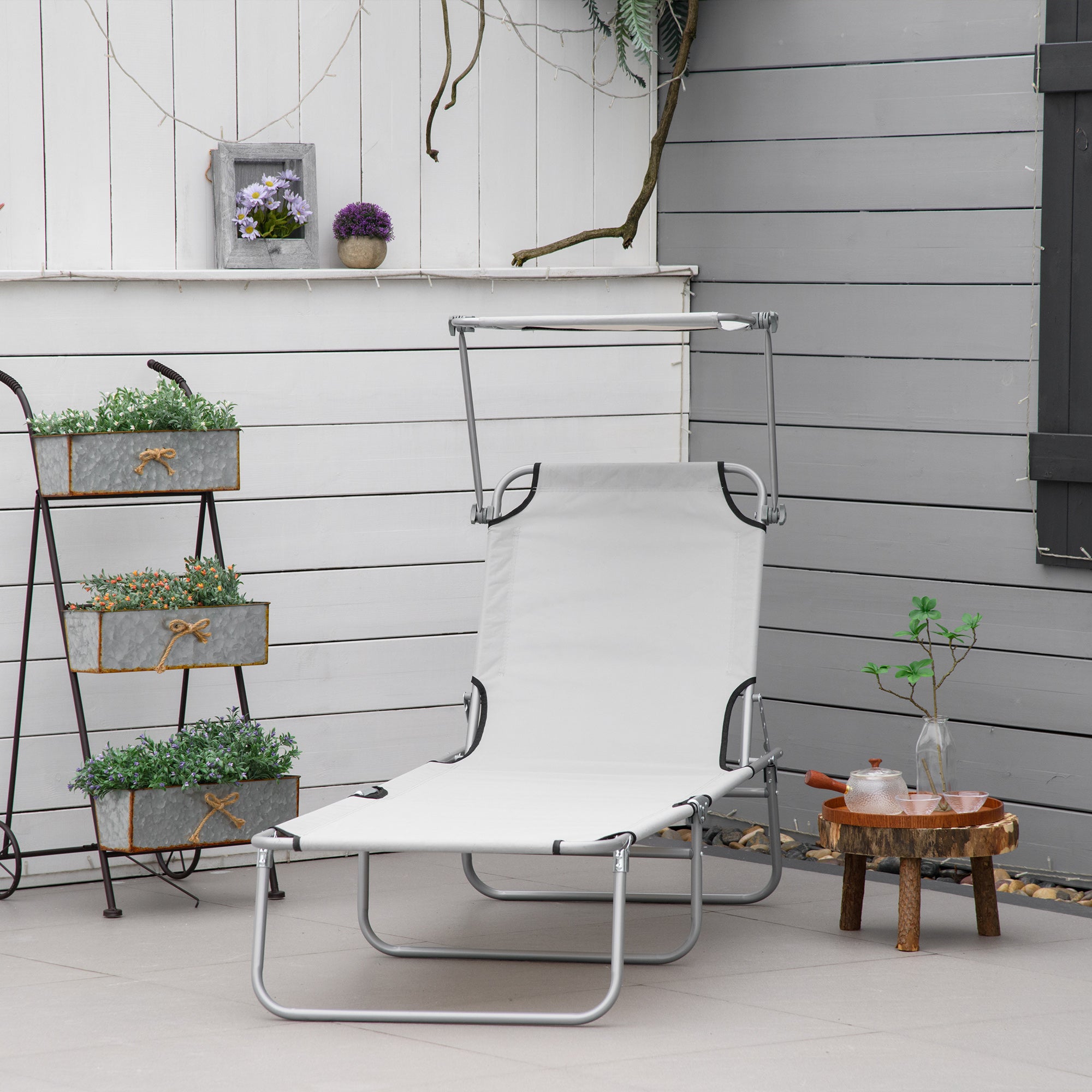 Outsunny Set de 2 Tumbonas Plegables Tumbonas de Jardín Exterior Reclinables con Toldo Desmontable con Ángulo Regulable Respaldo Ajustable en 4 Niveles para Terraza Piscina Patio 187x58x36 cm Gris