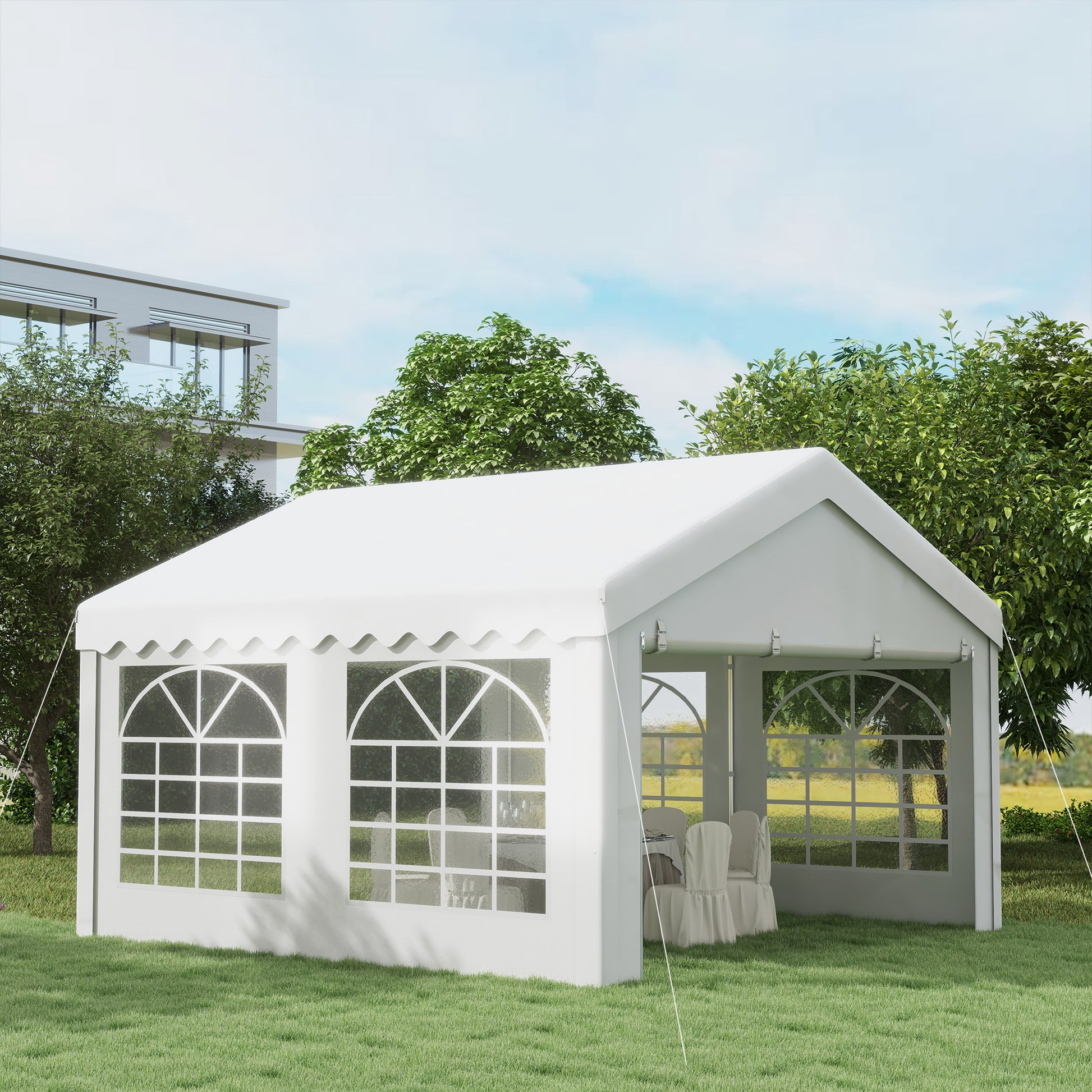 Outsunny Carpa para Fiesta Cochera Gazebo 4x4m Pergola Cenador Pabellón 4 Paneles Laterales 6 Ventanas Anti-UV para Eventos Bodas Acero PE Blanco