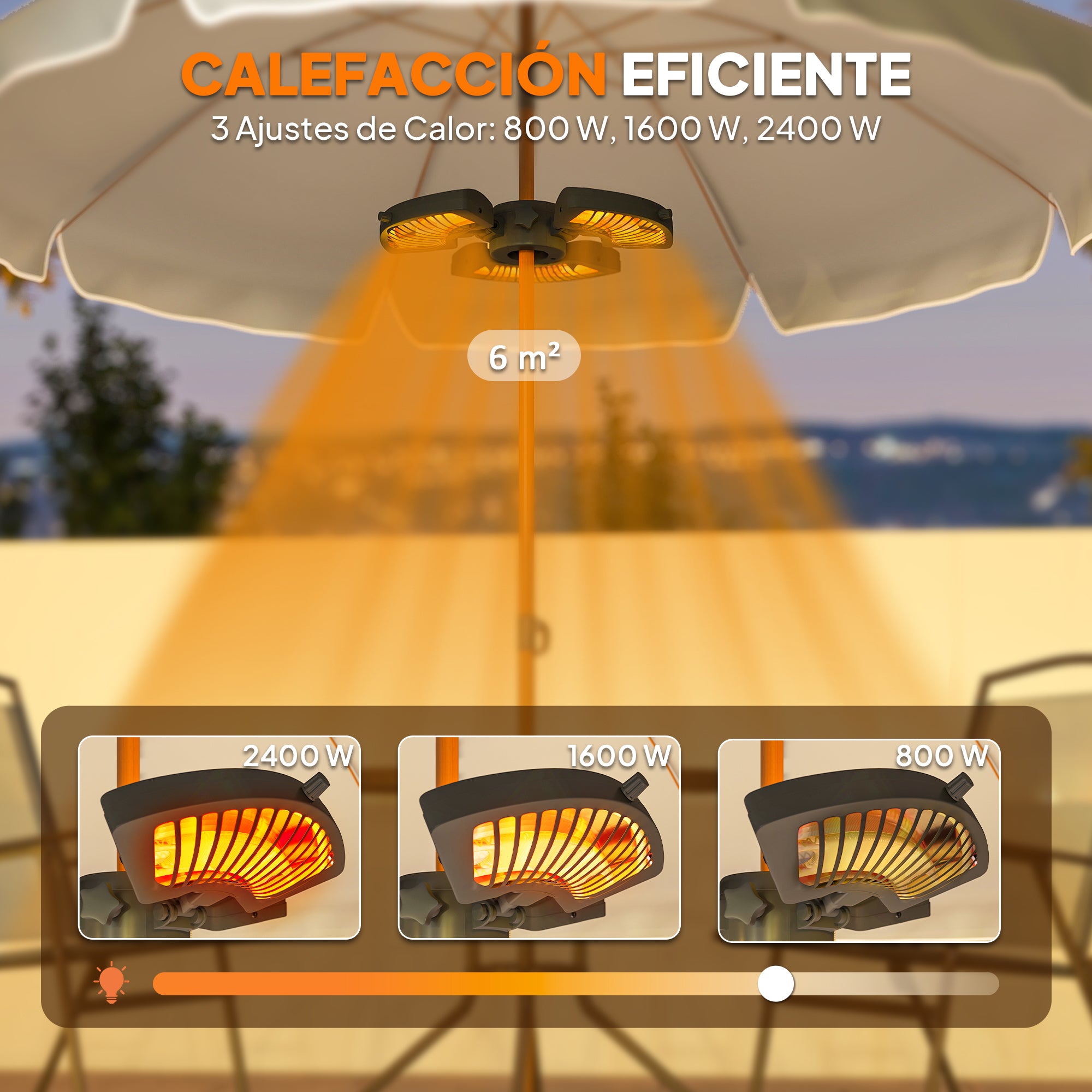 Outsunny Calefactor por Infrarrojos para Parasol, 800/1600/2400W, Estufa Exterior Eléctrica de Aluminio con 3 Niveles de Calentamiento, Protección Antivuelco, IP44, para Terraza, Patio y Jardín, Negro