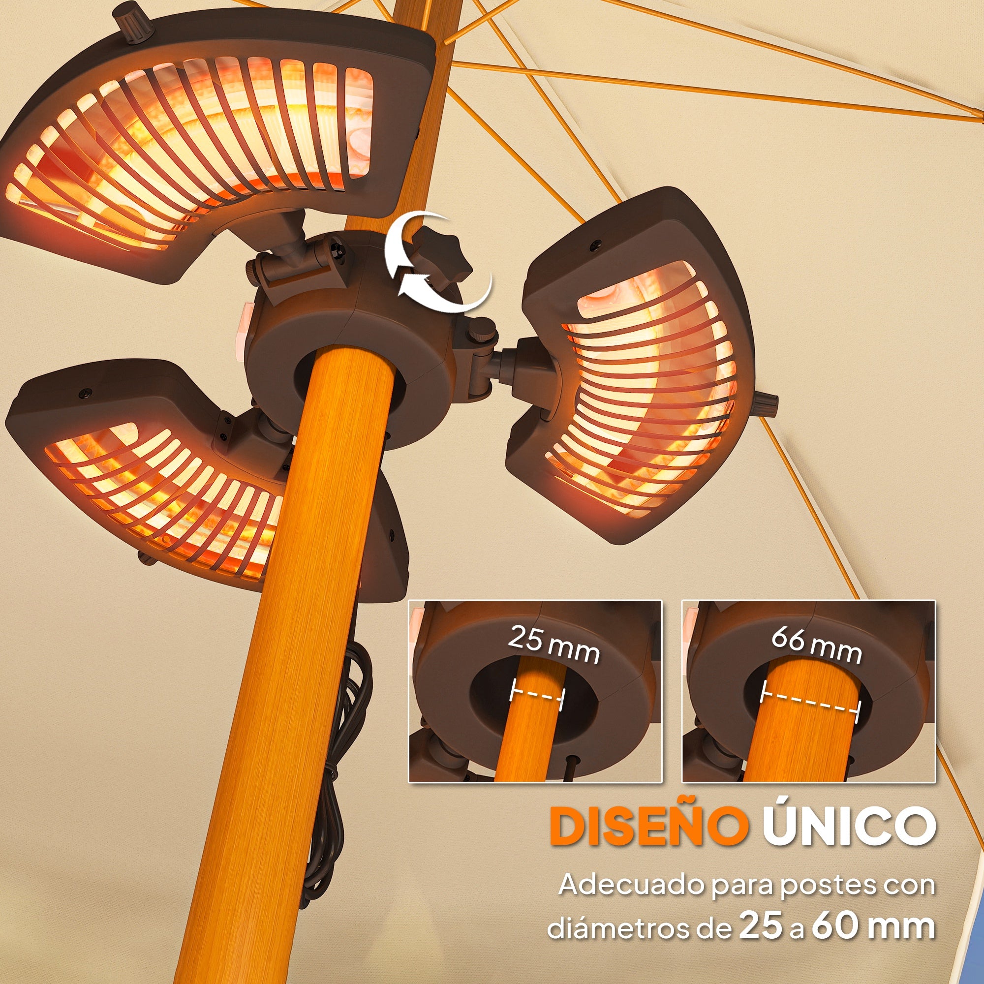 Outsunny Calefactor por Infrarrojos para Parasol, 800/1600/2400W, Estufa Exterior Eléctrica de Aluminio con 3 Niveles de Calentamiento, Protección Antivuelco, IP44, para Terraza, Patio y Jardín, Negro