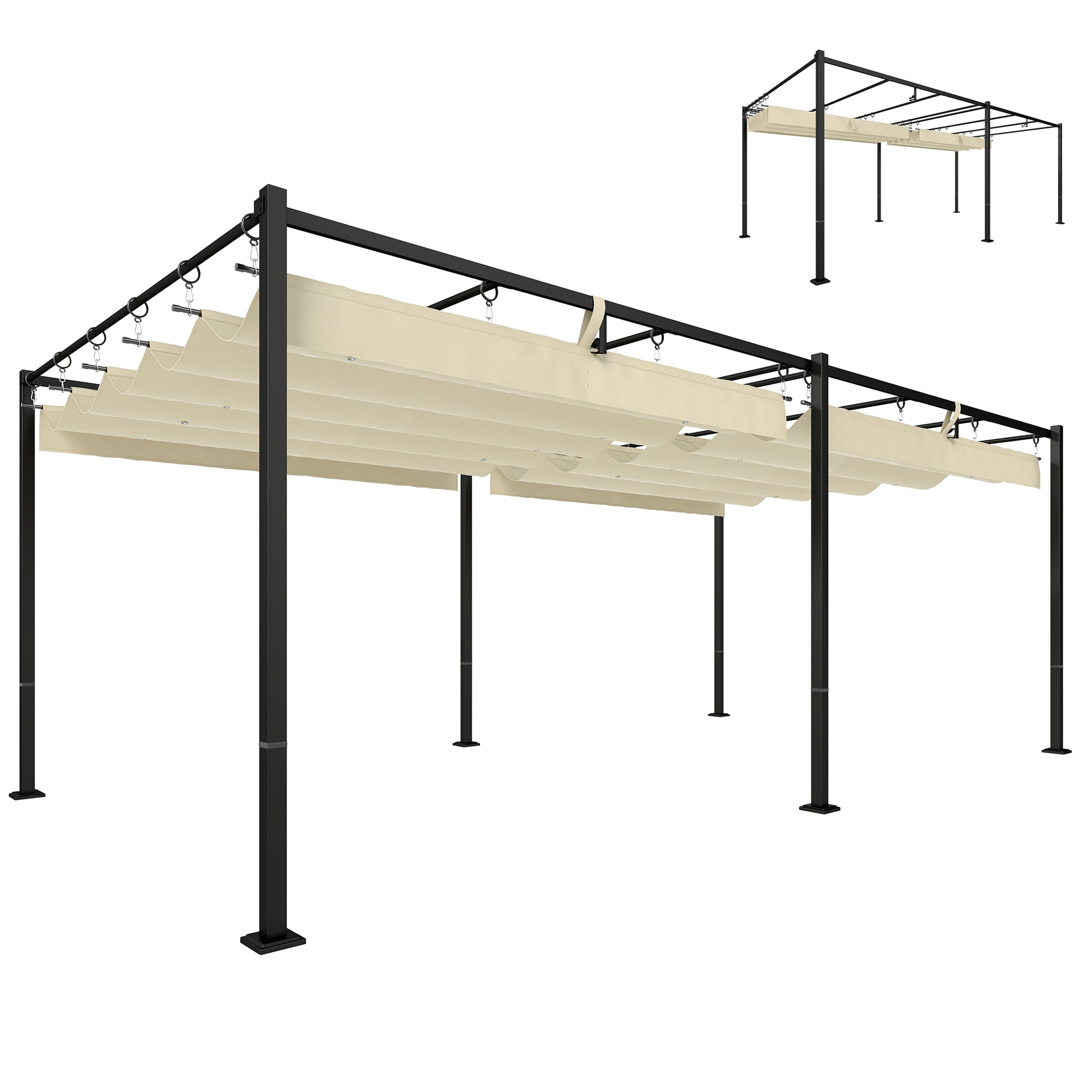 Outsunny Pérgola de Jardín 6x3 m con Techo Retráctil, Cenador de Jardín con Protección UPF50+, Drenaje, Estructura Metálica, Pabellón para Patio, Terraza, Exterior, Blanco Crema